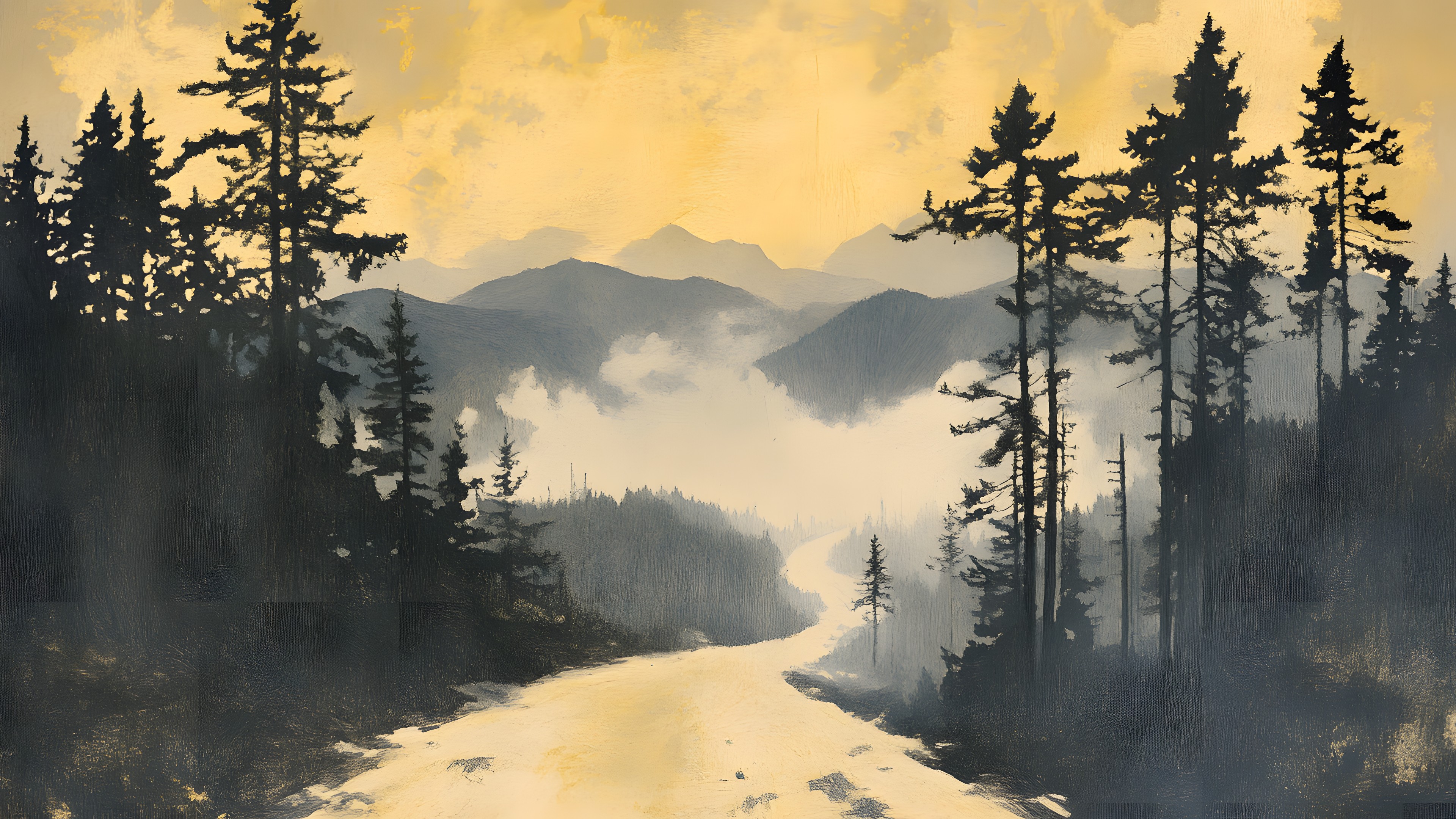 atmospheric phenomenon, Forest, Wilderness, Mist, Morning, Larch, Winter, Fog, Evening, Spruce-fir forests, Sunrise, Watercolor painting, Haze, Dawn, Conifers, Woodland, Art Paint, Pine family, Dusk, Fir