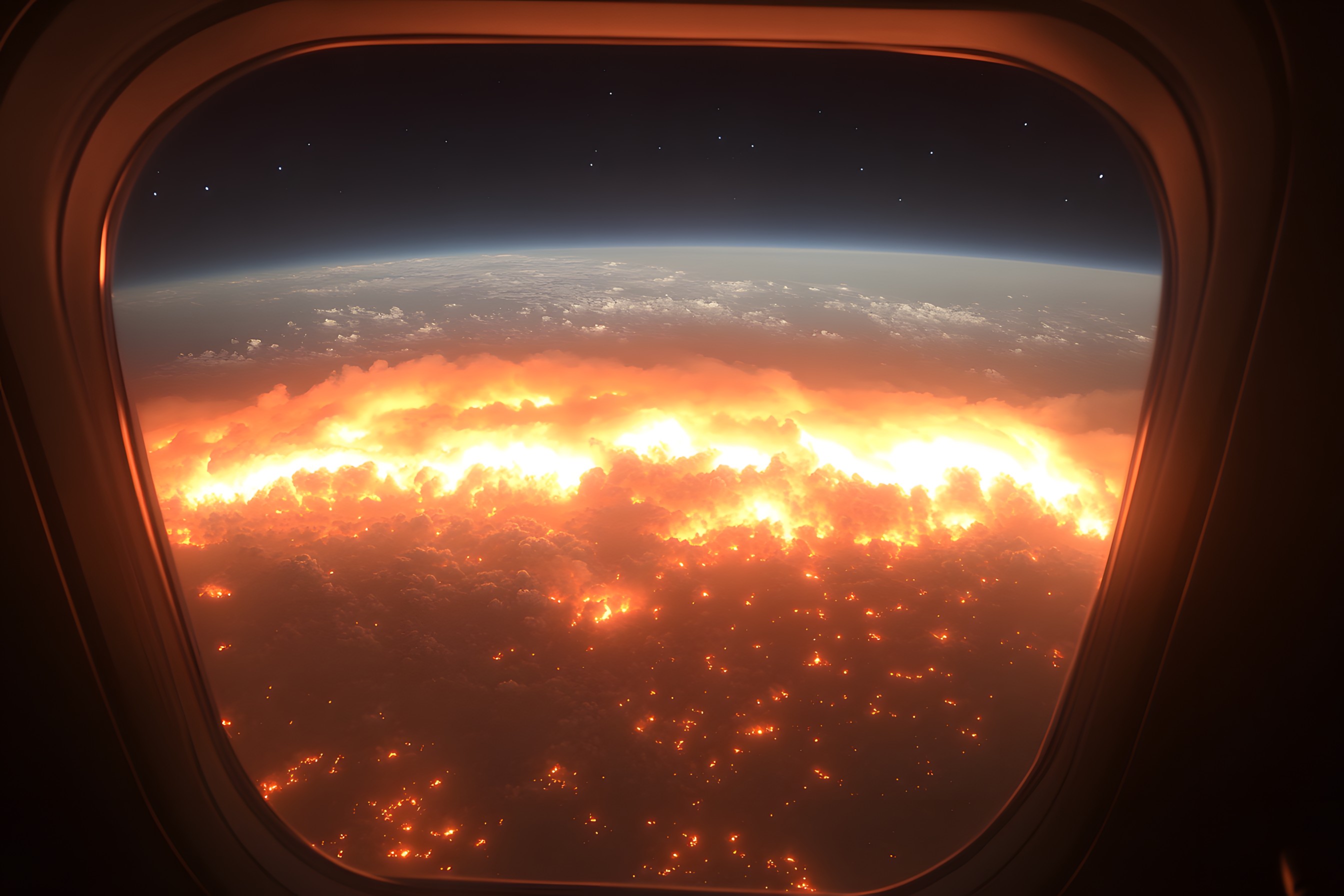 Cloud, Orange, Sunlight, Sunrise, Heat, Meteorological phenomenon, Dusk, Air travel, Astronomical object, Aerospace Engineering, Sunset, Flight, Cumulus, Afterglow, Evening, Dawn, Aerial photography, Aviation, Aircraft, Airline