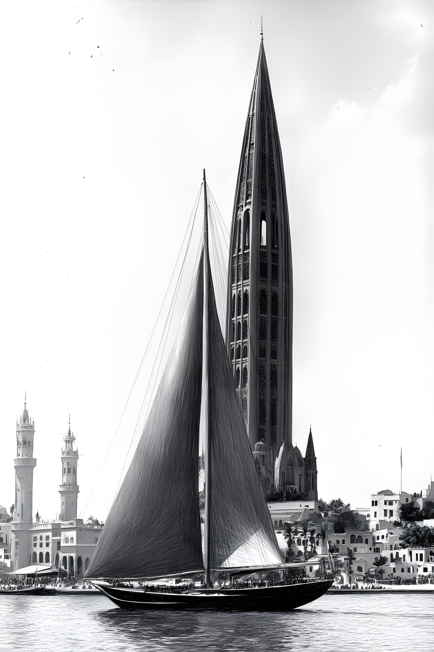 Boat, Monochrome photography, Watercraft, Black, Monochrome, Sail, Black and white, Mast, Sailboat, Skyscraper, Tower, Sailing, Sailing, Ship, High-rise building, Boats and boating--Equipment and supplies, Windsport, Naval architecture, Spire, Sloop