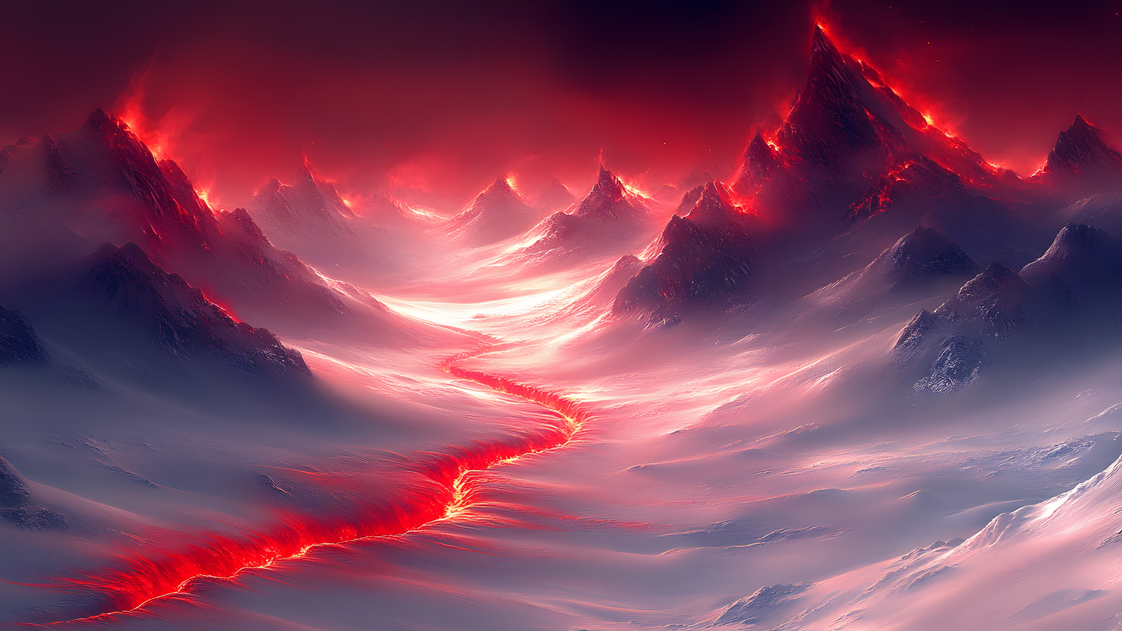 Red, geological phenomenon, atmospheric phenomenon, Winter, Sunrise, Red sky at morning, Lava, Glacial landform, Graphics, Mist, Types of volcanic eruptions, Volcano, Ice, Volcanic landform, Alps