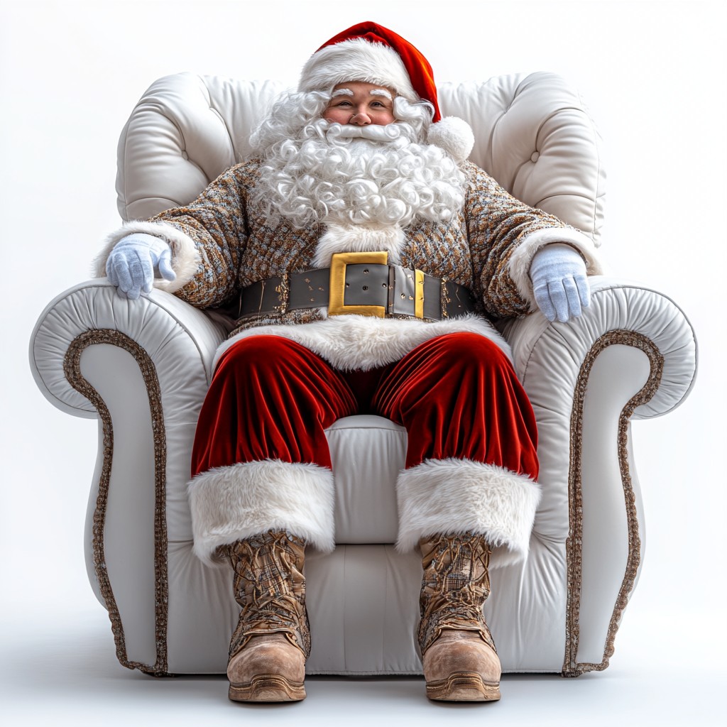 Santa Claus, Beard, Fictional character, Christmas Day, Facial hair, Fur clothing, Christmas Eve, Holiday, Toy, Winter, Christmas decoration, Lap, Throne, Gift, Costume Hat, Christmas ornament, Moustache, Living room