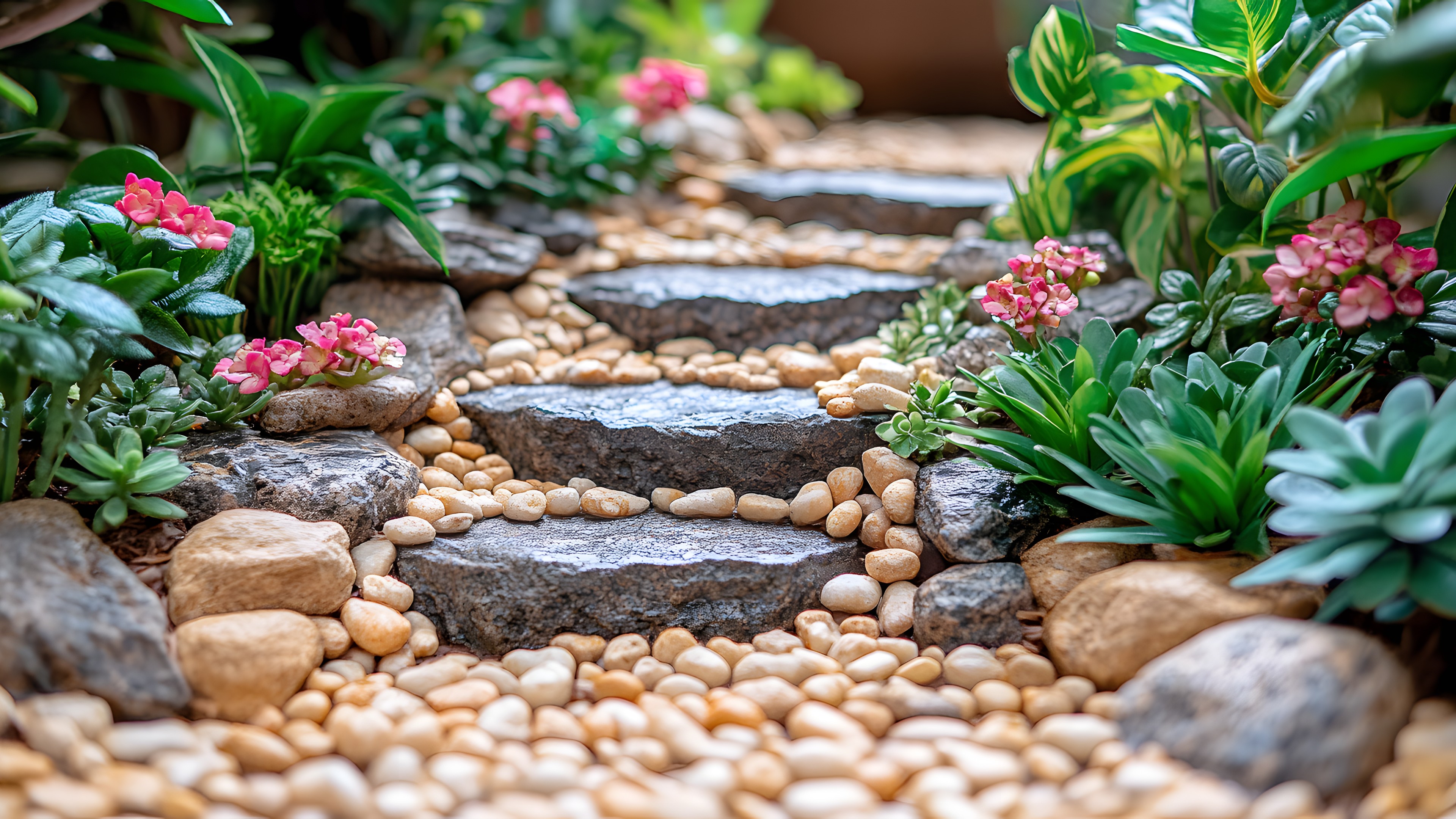 Rock, Pebble, Garden, Shrub, Gravel, Landscaping, Cobblestone, Flowerpot, Natural material, Houseplant, Design, Flagstone, Yard, Walkway, Backyard, Perennial plant, Botanical garden, Herb, Gardening