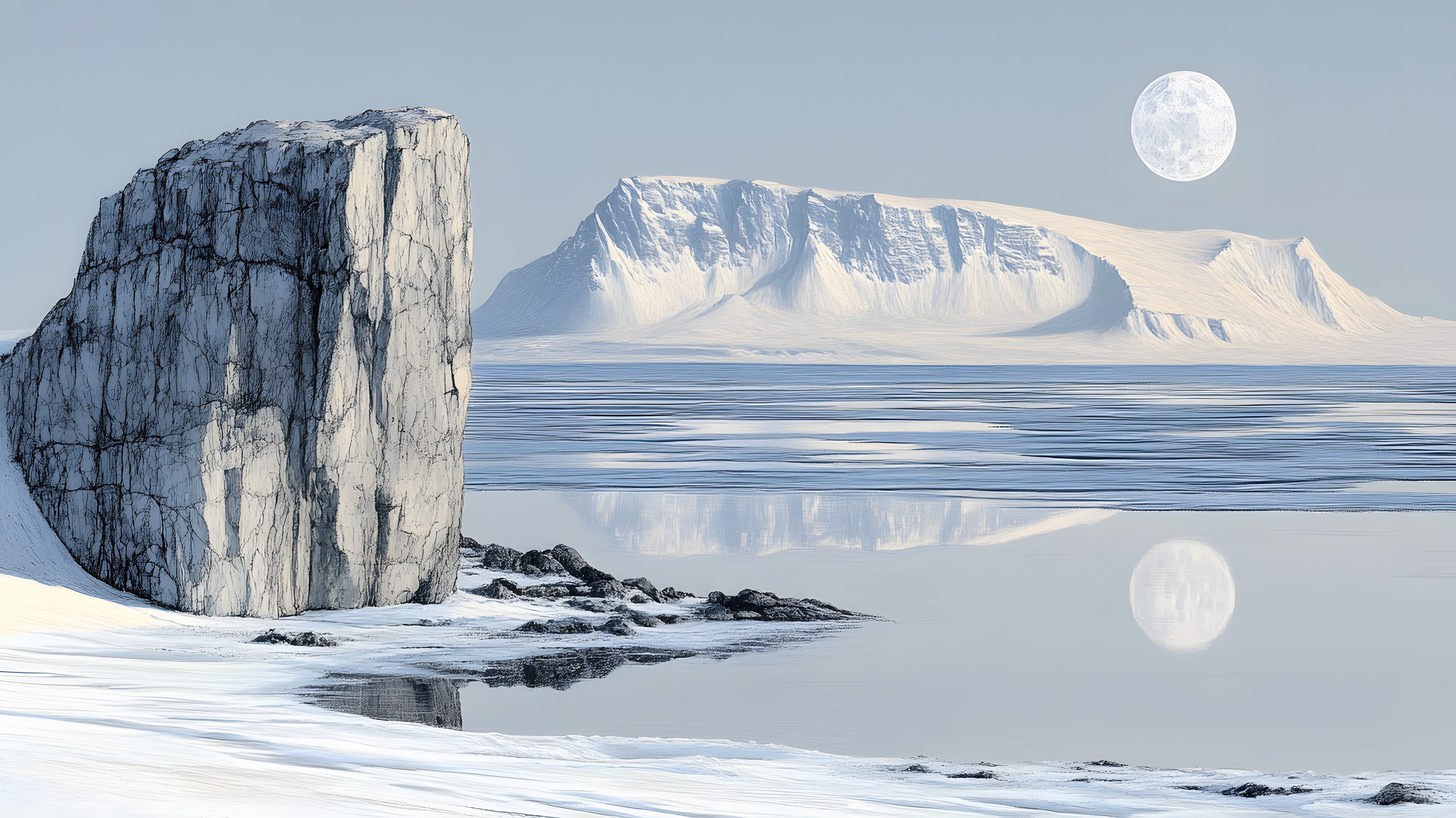 Ice cap, Sea ice, Polar ice cap, Iceberg, Landscape, Ice, Winter, Snow, Moon, Glacier, Arctic, Freezing, Ocean, Glacial landform, Sea, Arctic Ocean, Astronomical object, Tundra, Moonlight, Melting