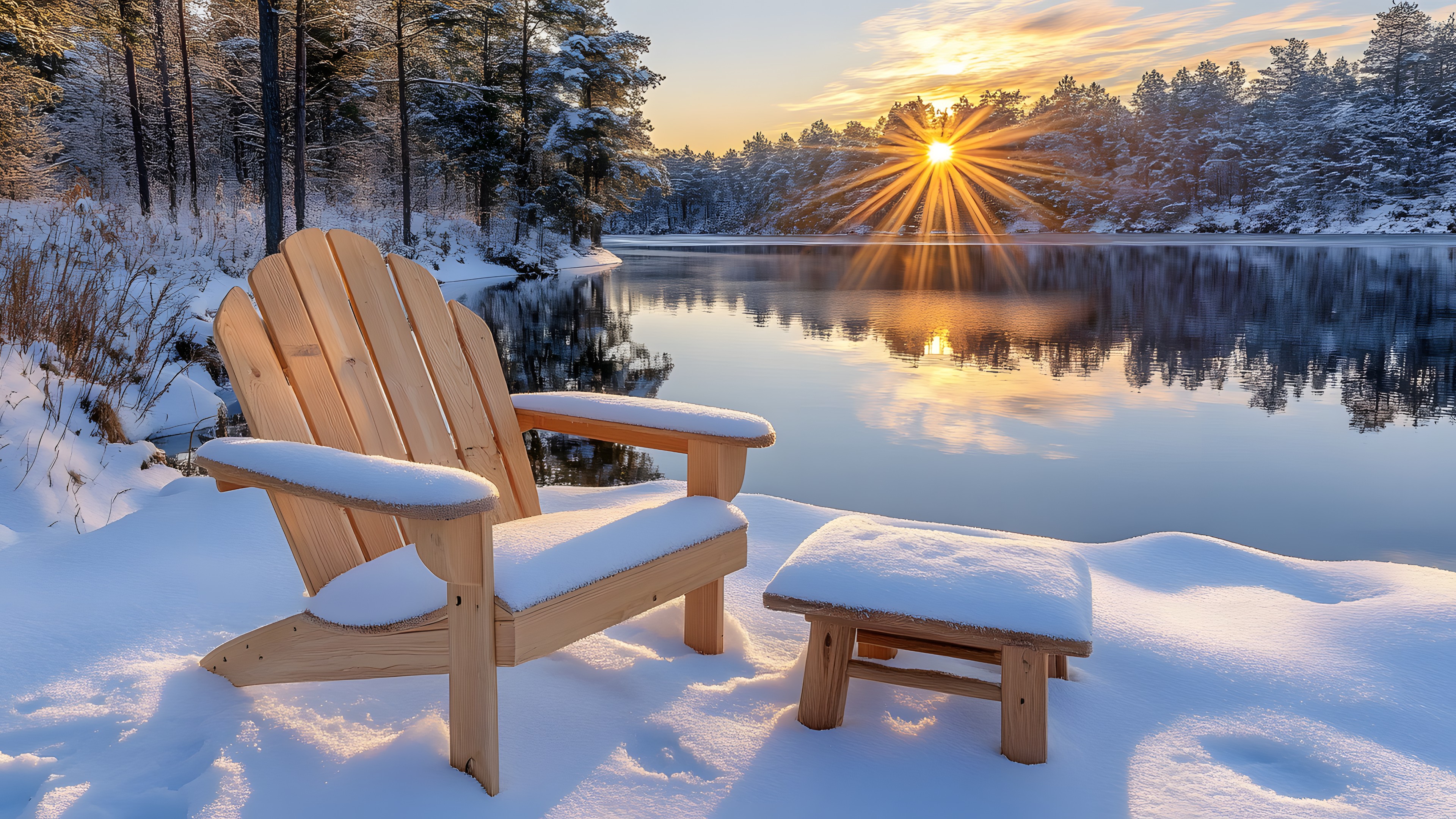 Water, Sky, Snow, Property, Furniture, Cloud, Light, Natural landscape, Tree, Wood, Outdoor furniture, Plant, Outdoor bench, Leisure, Lake, Landscape, Bench, Freezing, Morning, Real estate