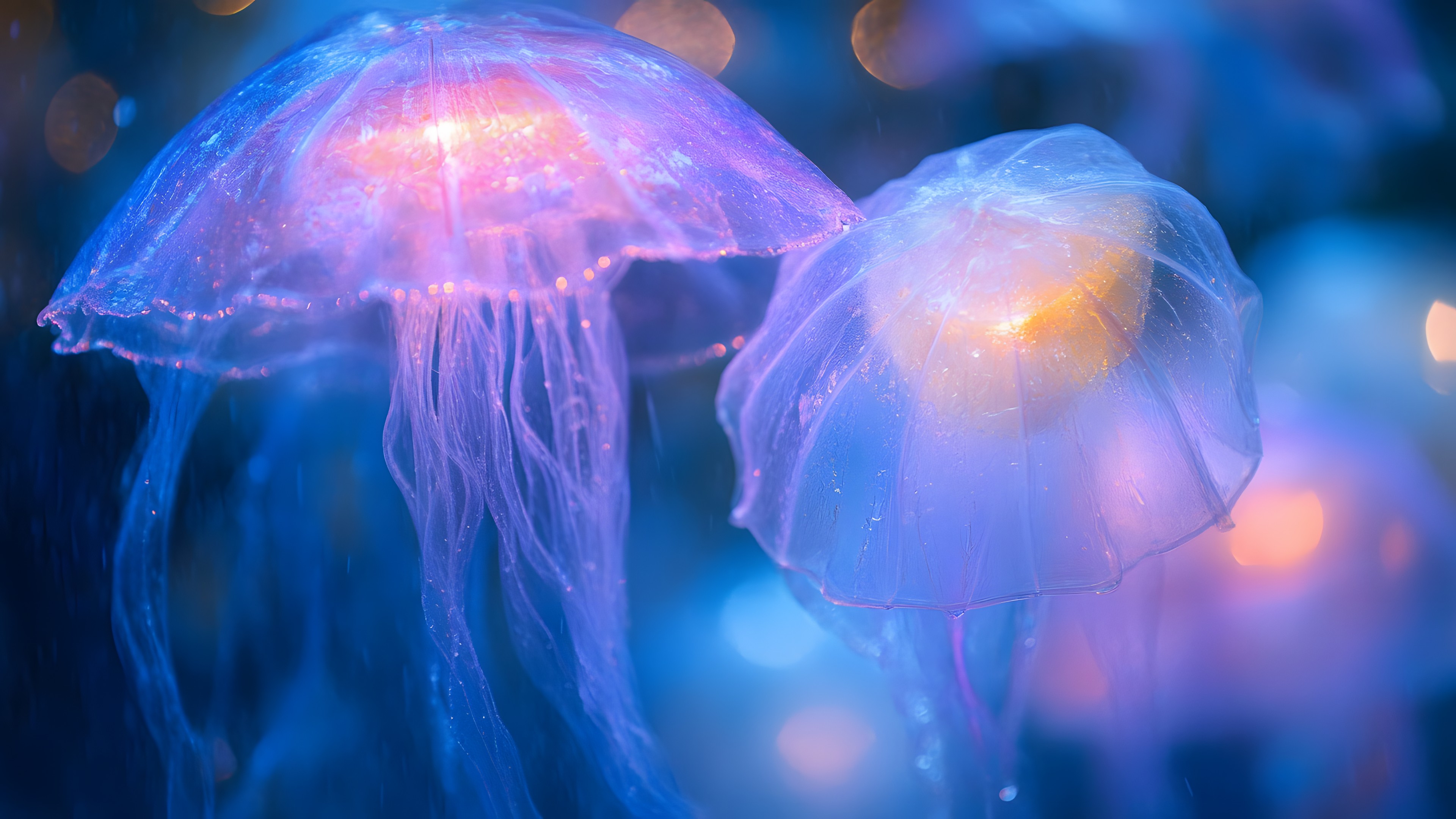 Blue, Jellyfish, Bioluminescence, Marine biology, Marine invertebrates, Purple, Pink, Cnidaria, Underwater, Macro photography, Science