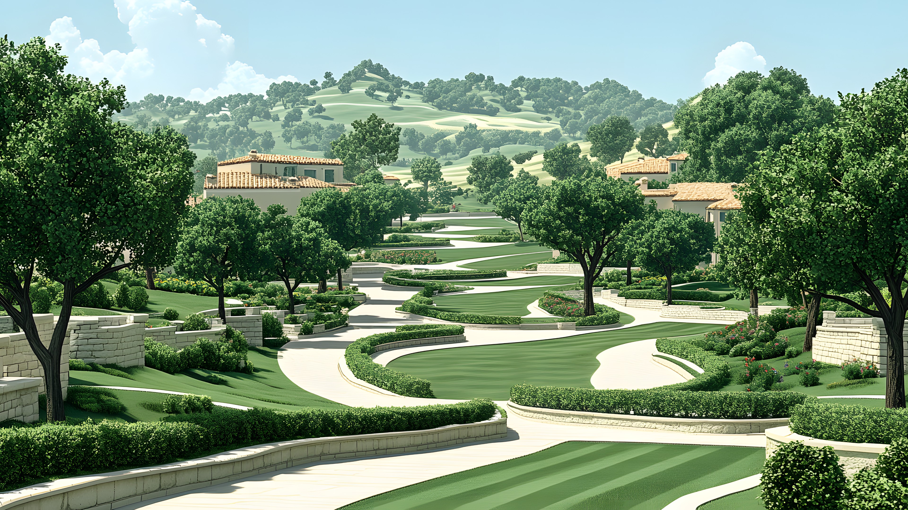 Landscape, Garden, Landscaping, Bird's-eye view, Park, Design, Botanical garden, Hedge, Plantation, Villa, Walkway, Gardening