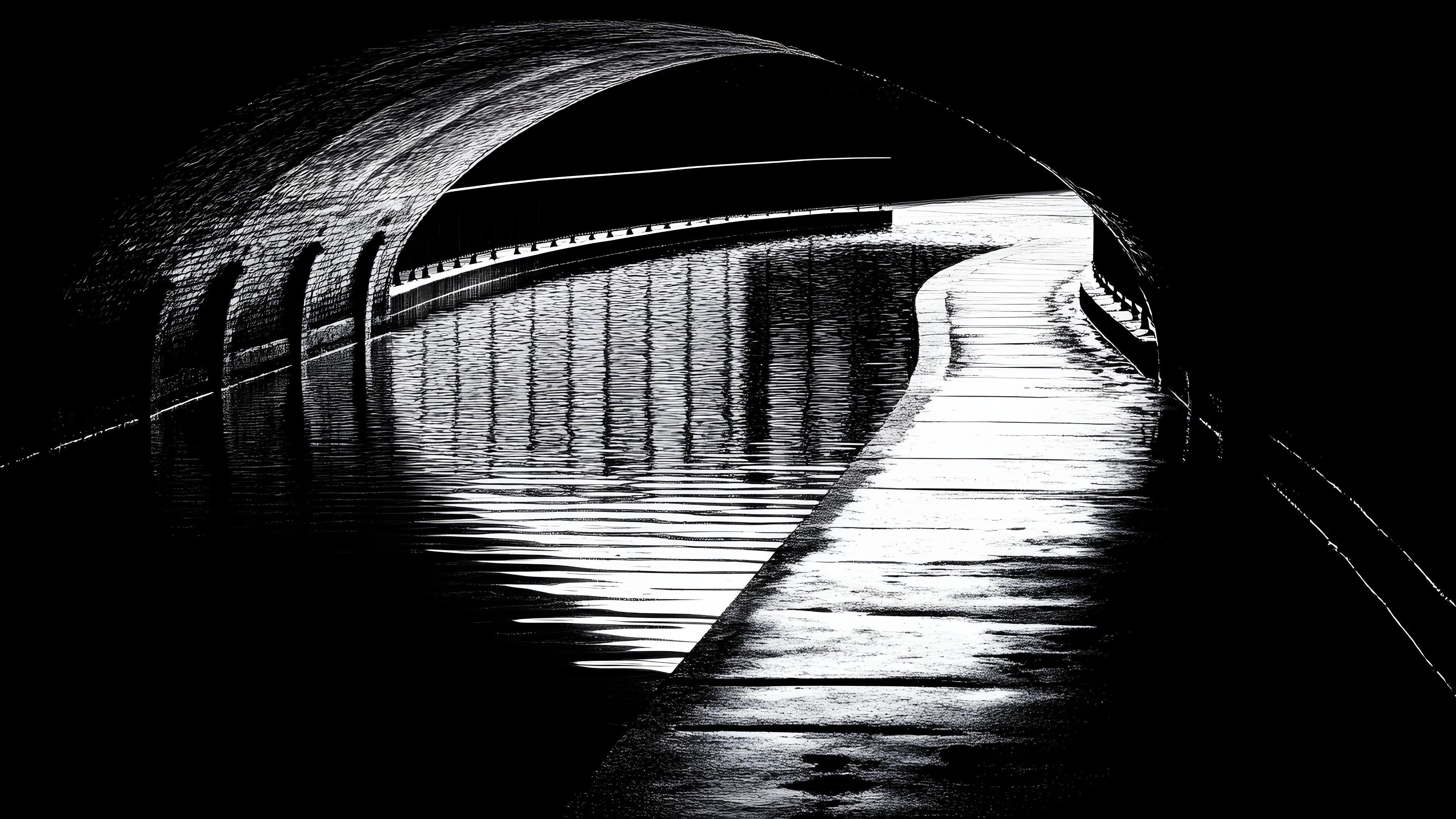 Water, Black-and-white, Wood, Road surface, Bridge, Tints and shades, Symmetry, Monochrome, Arch bridge, Monochrome photography, Plant, Darkness, Arch, Shadow, Reflection, Nonbuilding structure, Walkway, Fixed link, Canal, Midnight