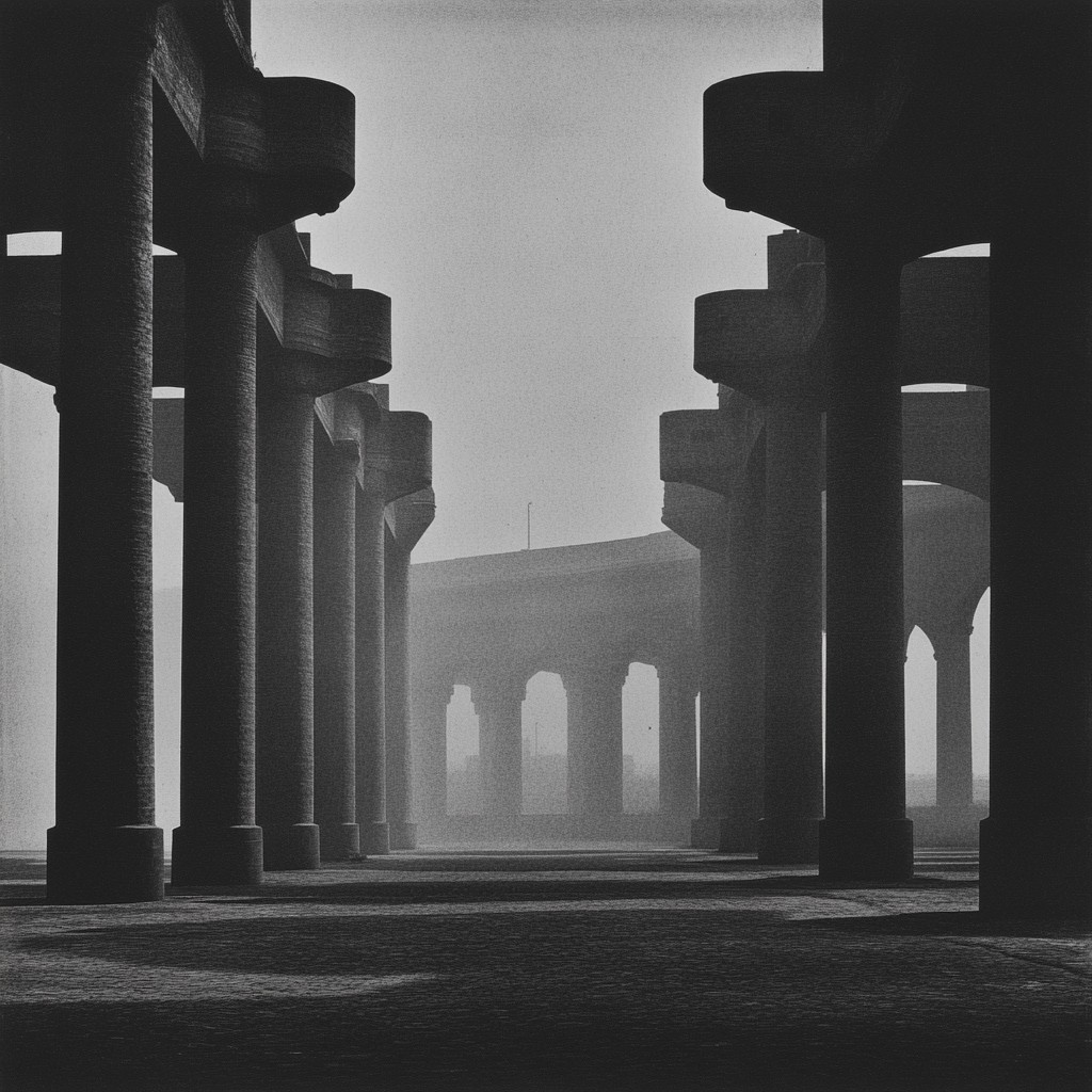 Photograph, Column, White, Monochrome photography, Black, Monochrome, Black and white, Grey, Darkness, Ancient Roman architecture, Concrete, Symmetry, Cylinder, Shadow, Still life photography, Arcade, Mist