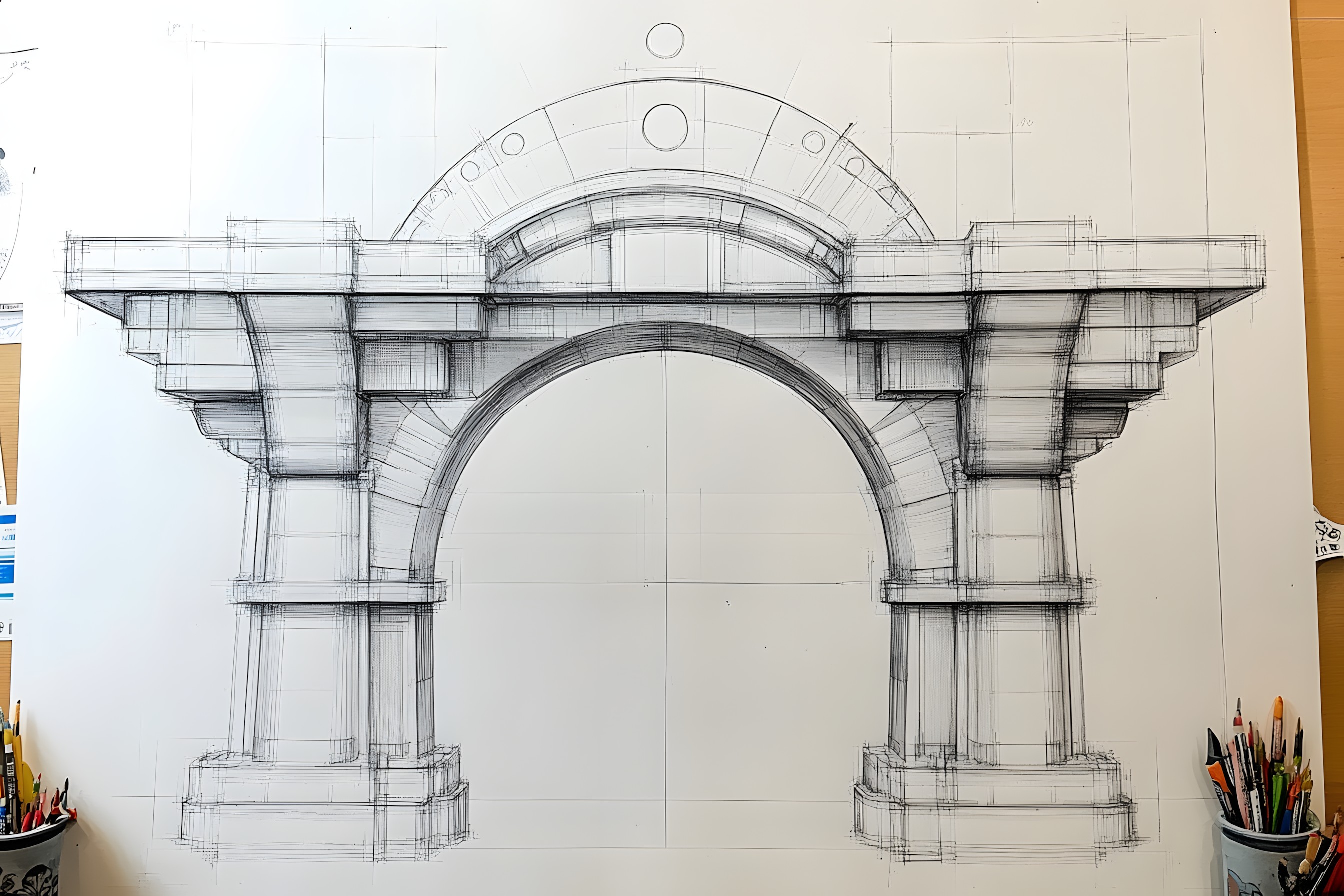 Arch, Visual arts, Creative arts, Column, Symmetry, Design, Sketch, Arcade, Triumphal arch