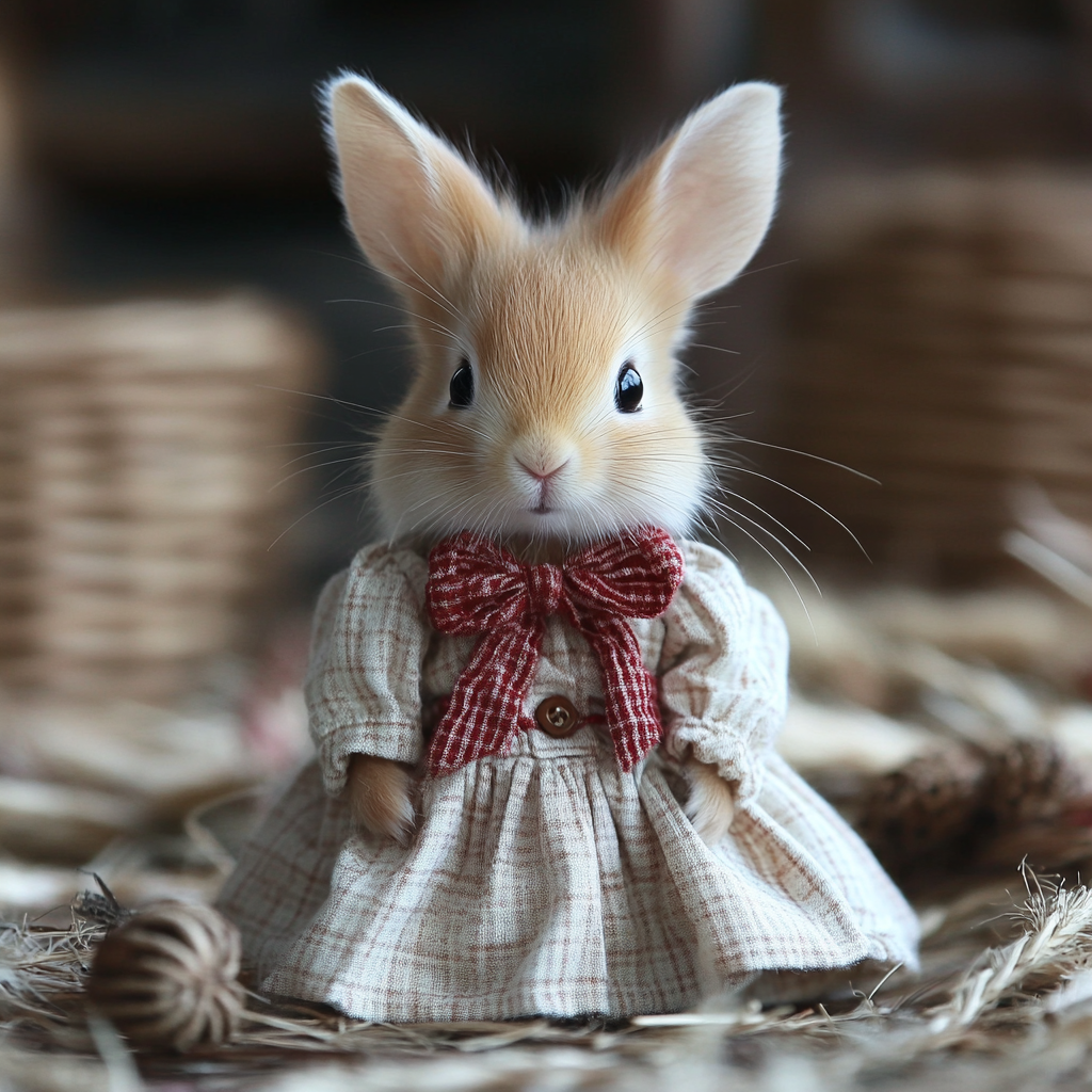 Rabbit, Toy, Leporids, Domestic rabbit, Whiskers, Plush, Fur, Animal Figure, Easter Bunny, Plaid, Hare, Stuffed toy, Bow tie, Pattern, Cottontail rabbit, Baby toys, Craft