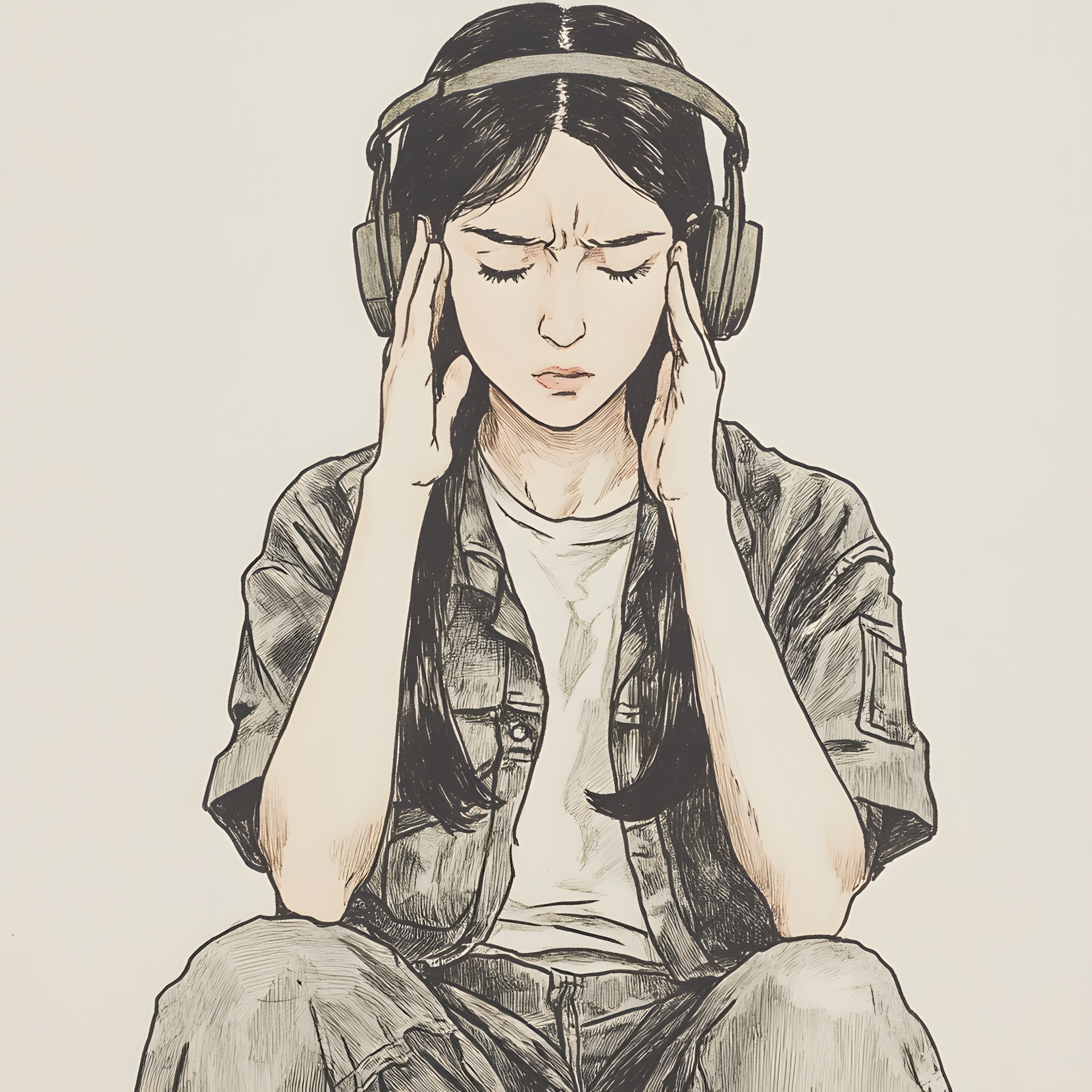 Facial expression, Drawing, Line art, Gadget, Sketch, Headphones, Animation, Worry