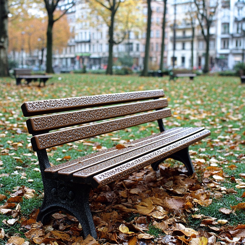 Outdoor Bench, Furniture, Bench, Outdoor furniture, Wood, Street furniture, Brown, Autumn, Groundcover, Sunlight, Park, Wood stain, Hardwood, Shadow