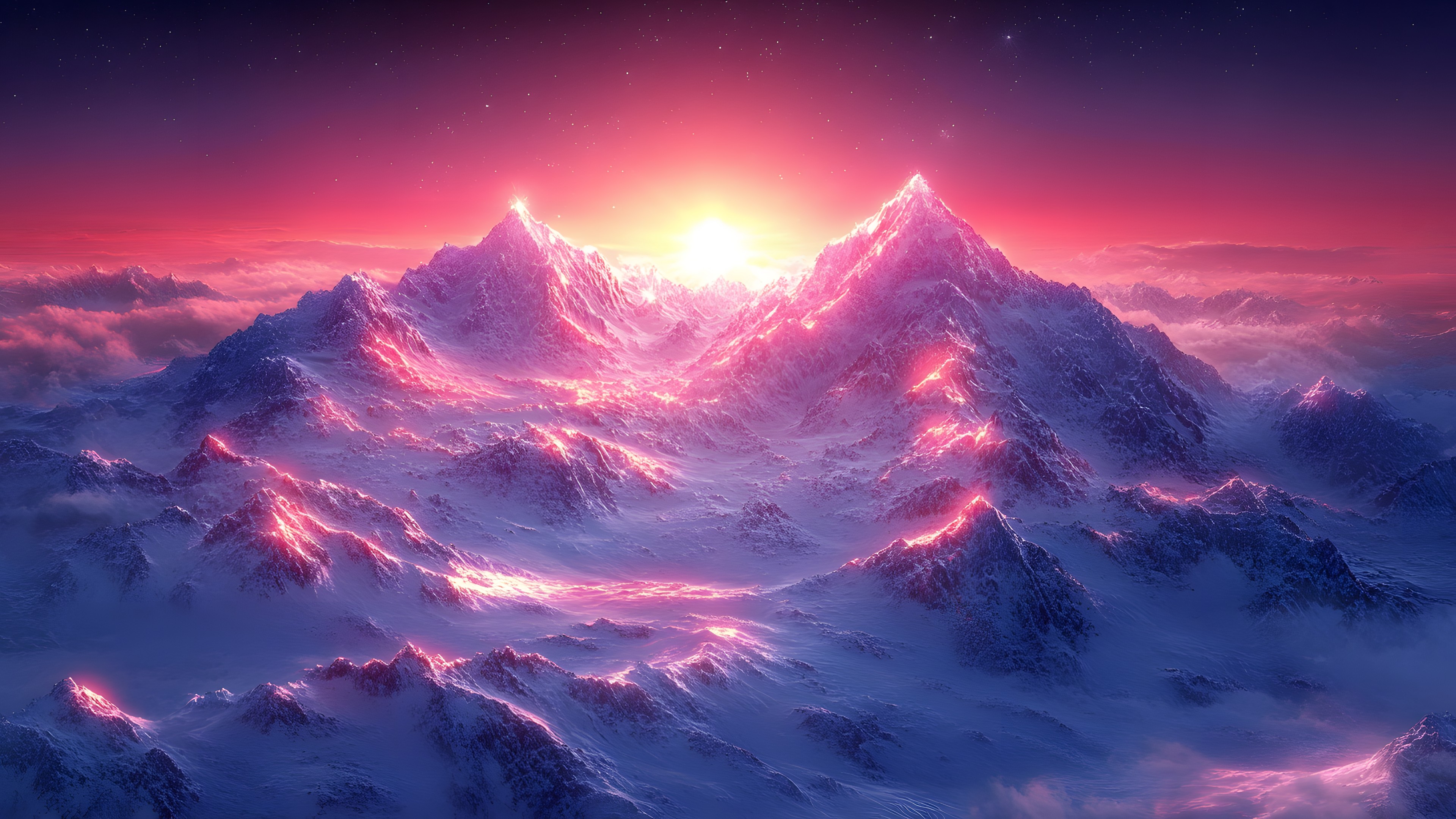 geological phenomenon, Winter, Sunrise, Mountain range, Afterglow, Red sky at morning, Astronomical object, Summit, Alps, Glacial landform, Star, Dusk, Ridge, Meteorological phenomenon, Dawn, Evening, Graphics, Sunset, Glacier, Arctic