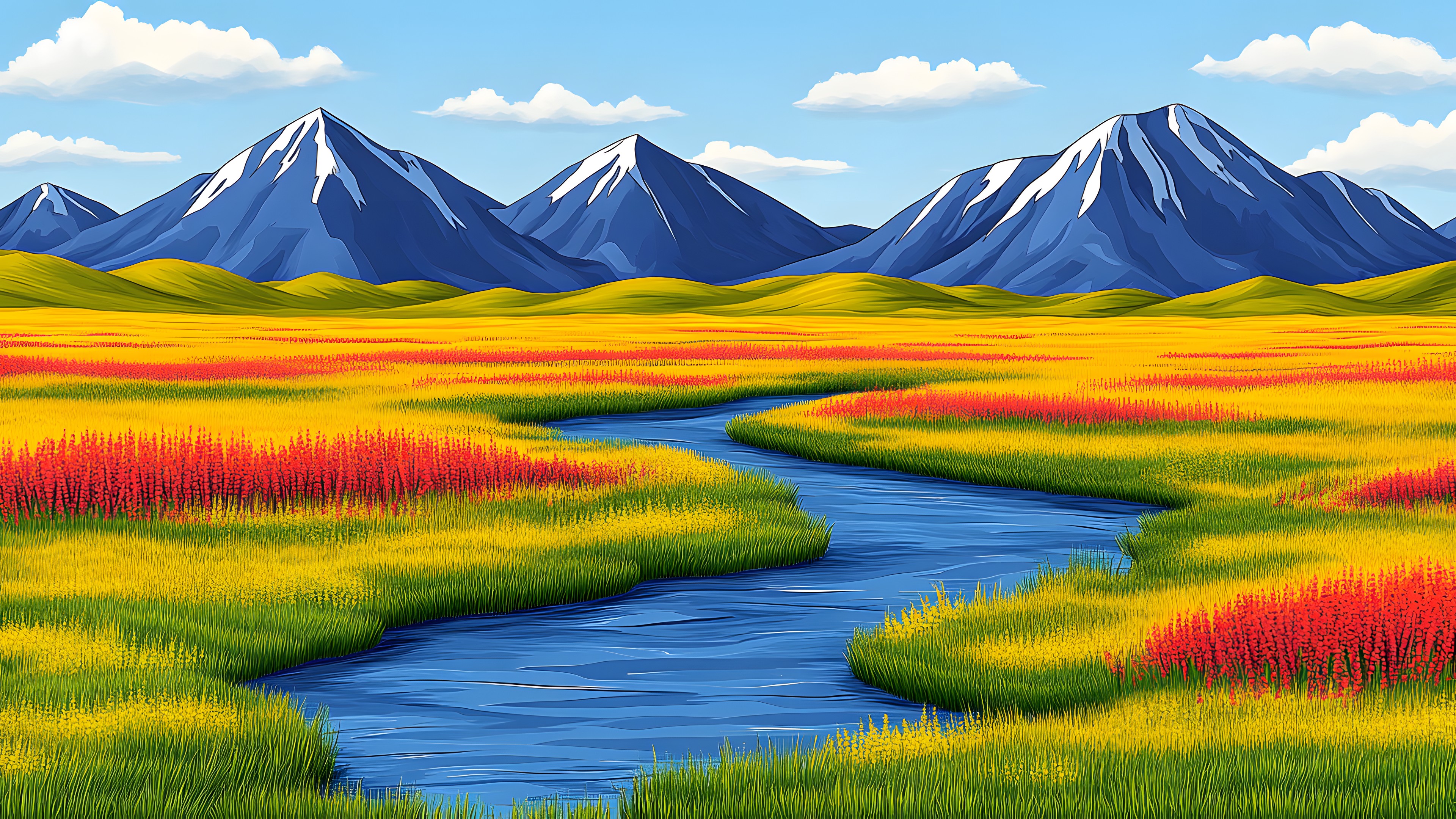 Mountainous landforms, Natural landscape, Hill, Mountain, Mountain range, Wetland, Valley, Ridge, Prairie, Field, Meadow, Marsh, Steppe, Freshwater marsh, Fell, Mountain river, Art Paint, Fluvial landforms of streams, Paint, Paddy field