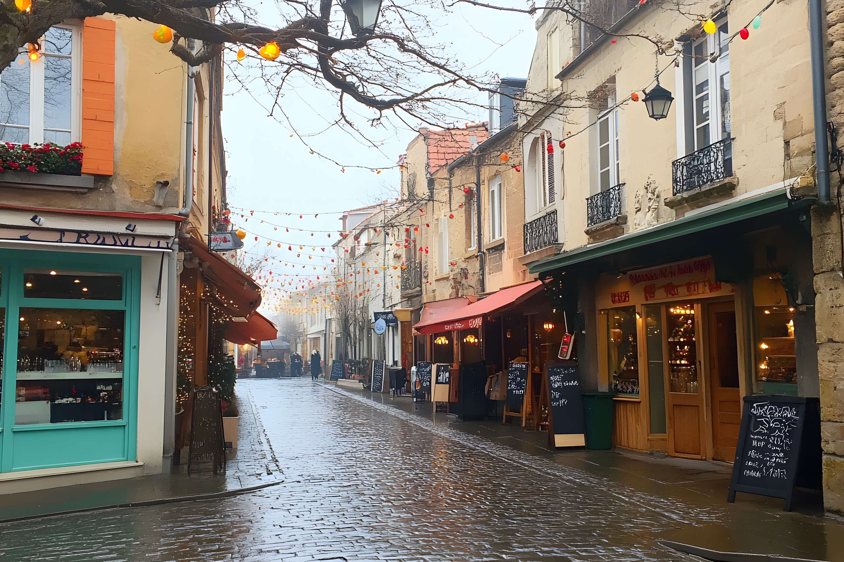 Urban area, Road surface, Town, City, Street, Neighbourhood, Lighting, Public space, Pedestrian, Mixed-use, Sidewalk, Cobblestone, Alley, Travel, Flowerpot, Evening, Vacation, Awning, Houseplant, Walking