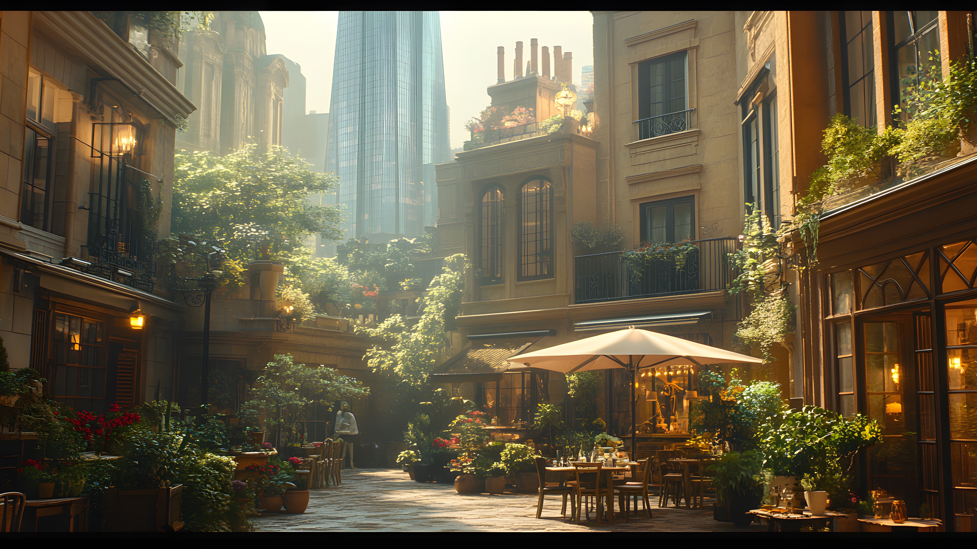 Architecture, Flowerpot, Alley, Houseplant, Balcony, Walkway, Floral design, Courtyard