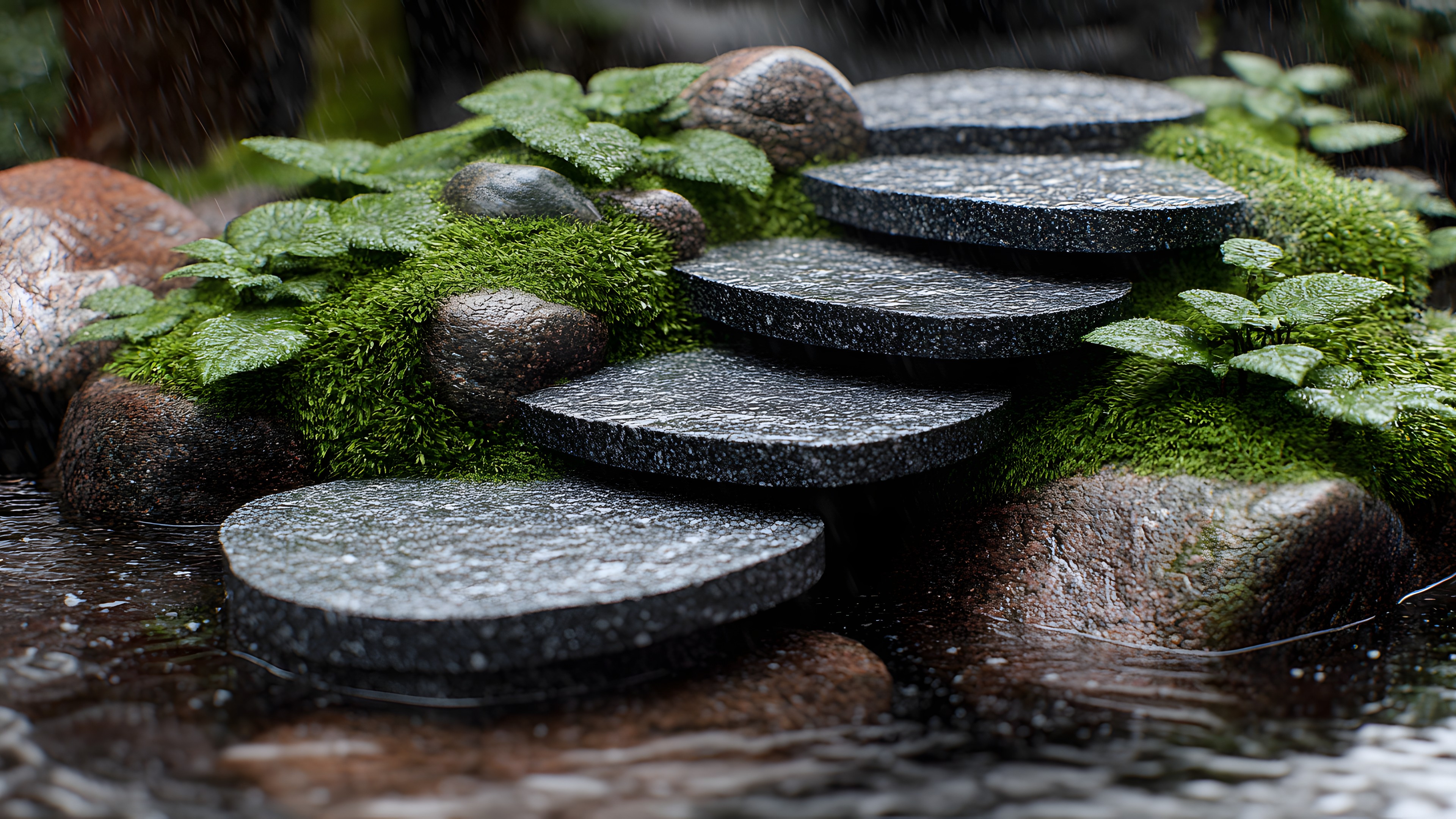 Rock, Pebble, Environmental art, Garden, Cobblestone, Bryophyte, Moss, Algae, Water feature, Balance, Liverworts, Green algae