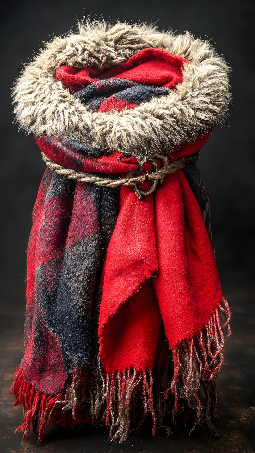 Red, Textile, Scarf, Stole, Plaid, Wool, Tartan, Woolen, Fur, Fur clothing, Natural material, Shawl, Wrap, Animal product