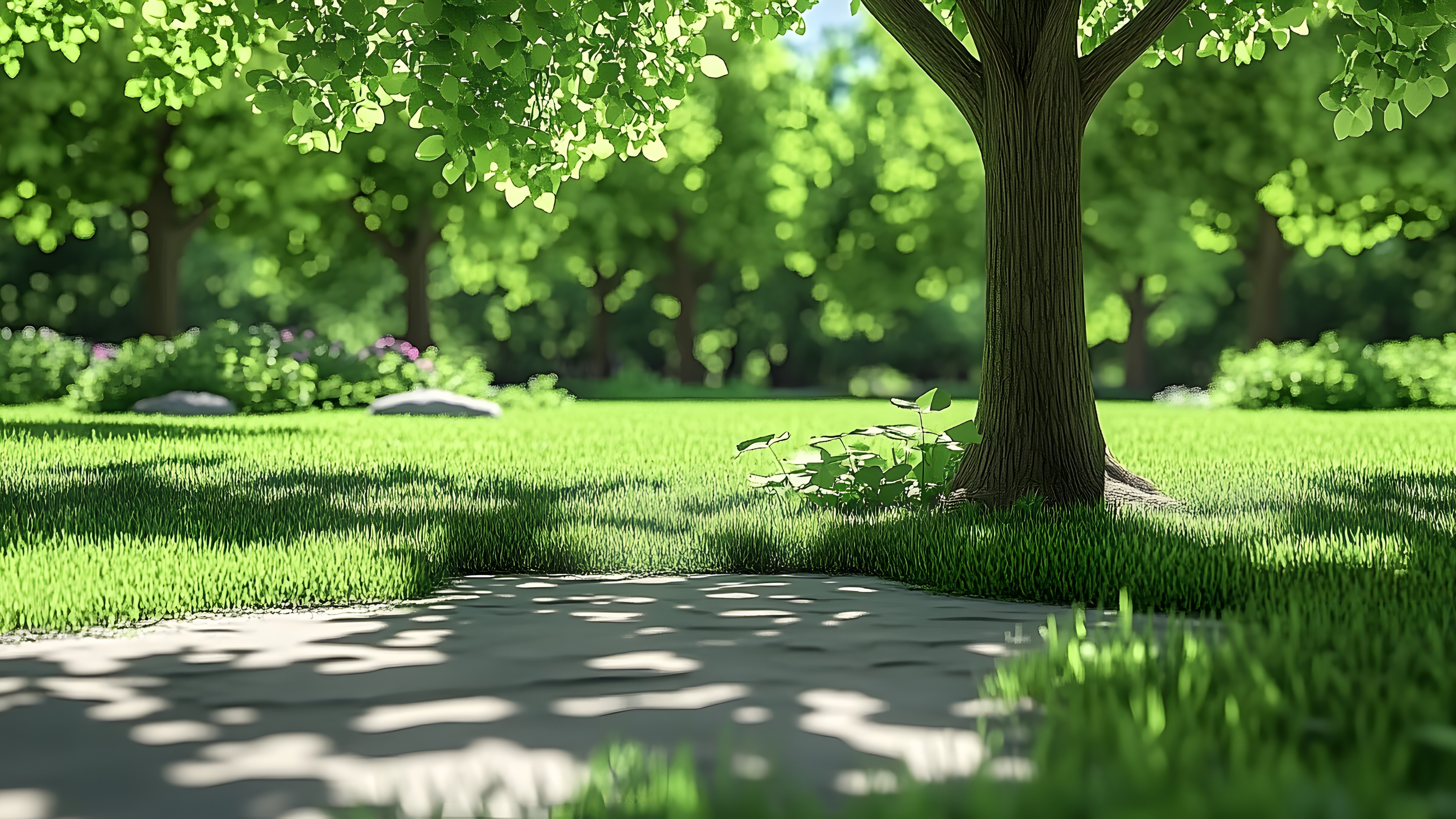 Green, Grass, Leaf, Shrub, Garden, Groundcover, Lawn, Spring, Trunk, Woody plant, Shade, Landscaping, Yard, Park, Shadow, Backyard
