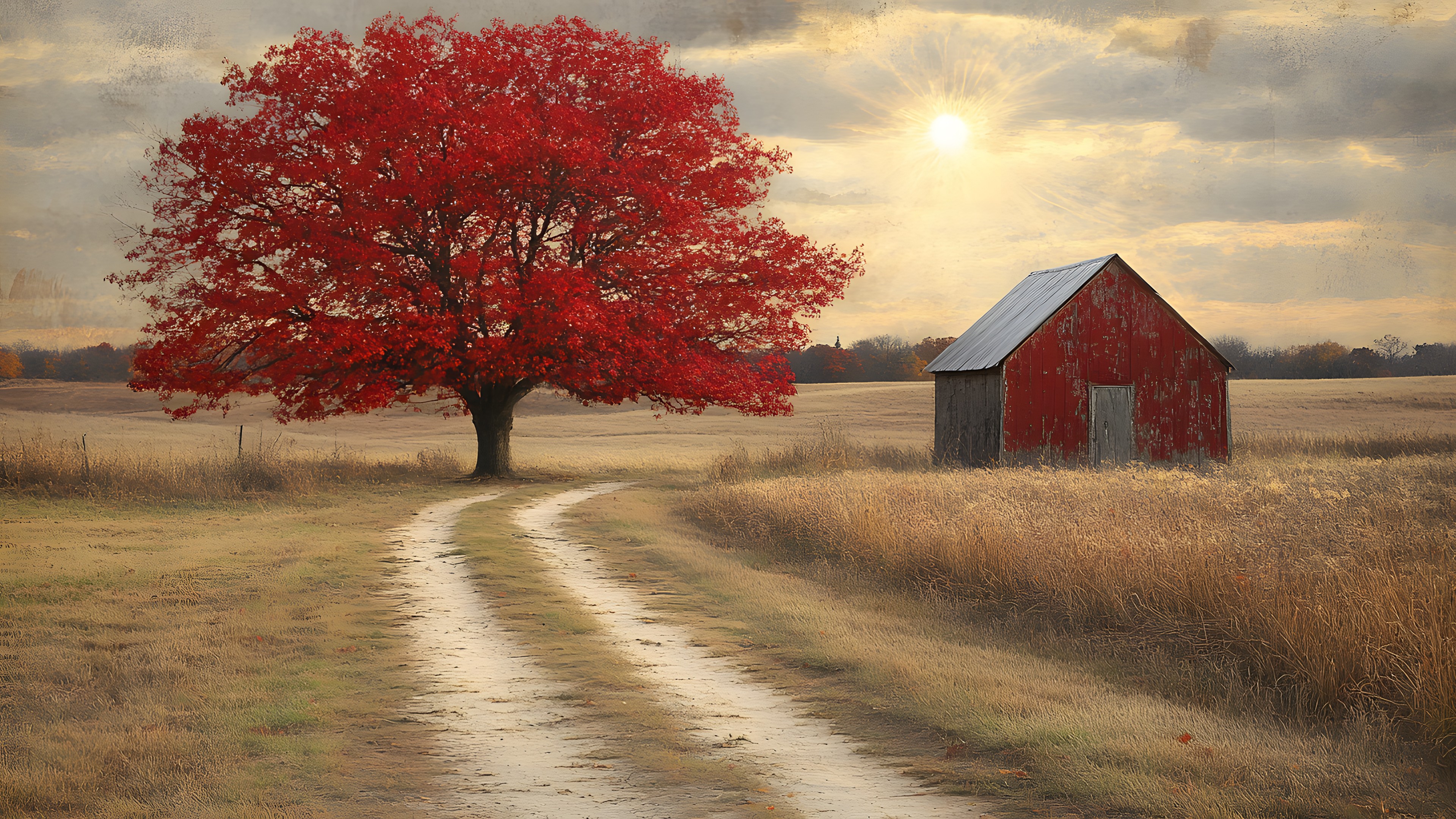 Nature, Natural landscape, Plain, Twig, Trunk, Woody plant, Autumn, Field, Prairie, Savanna, Barn, Farm, Wind, Evening, Maple
