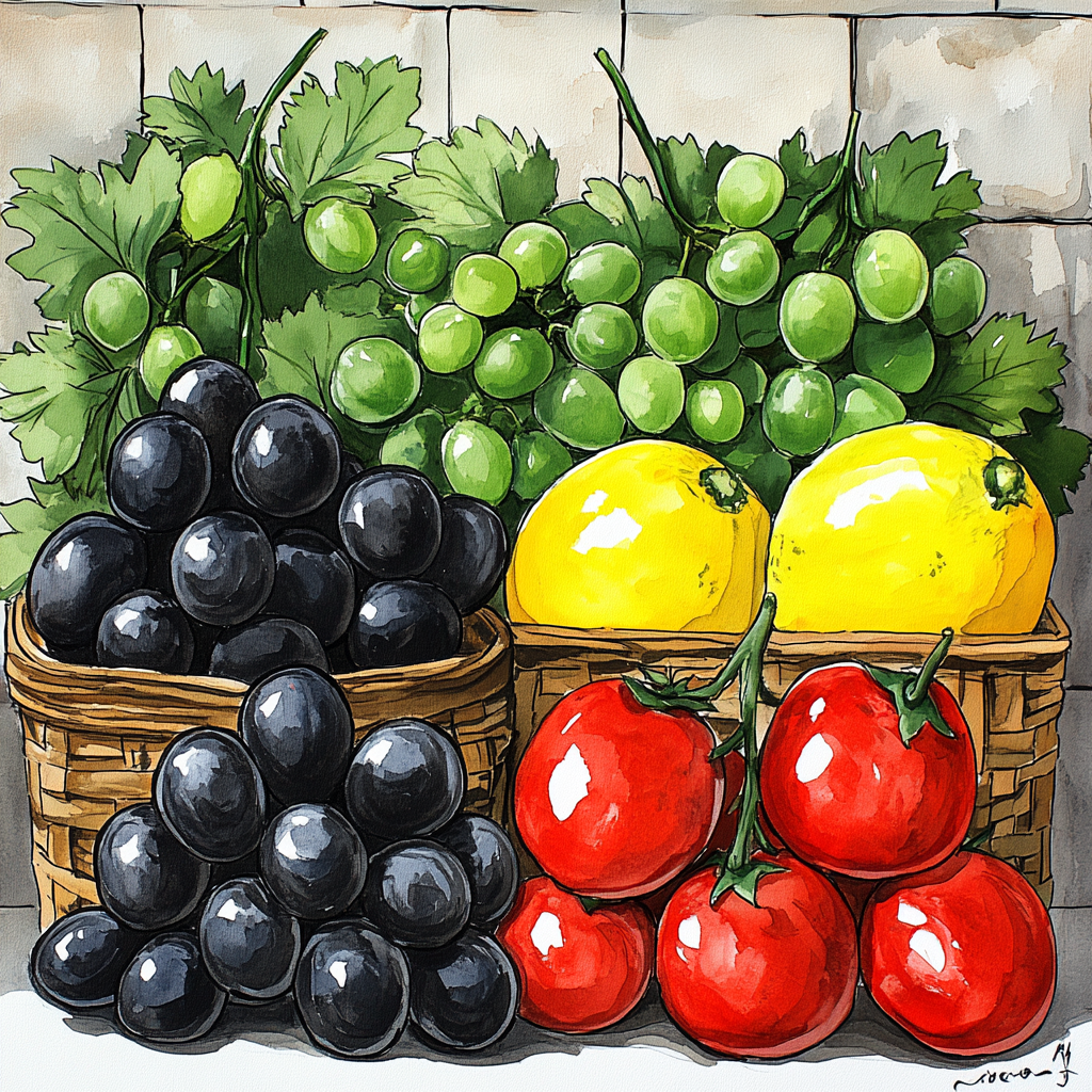 Fruit, Produce, Food, Natural foods, Grape, Apple, Grapes, Food group, Seedless fruit, Still life, Berry, Basket, Grapevines, Superfood, Watercolor painting, Vegetable, Still life photography, Apples, Currant, Grape leaves