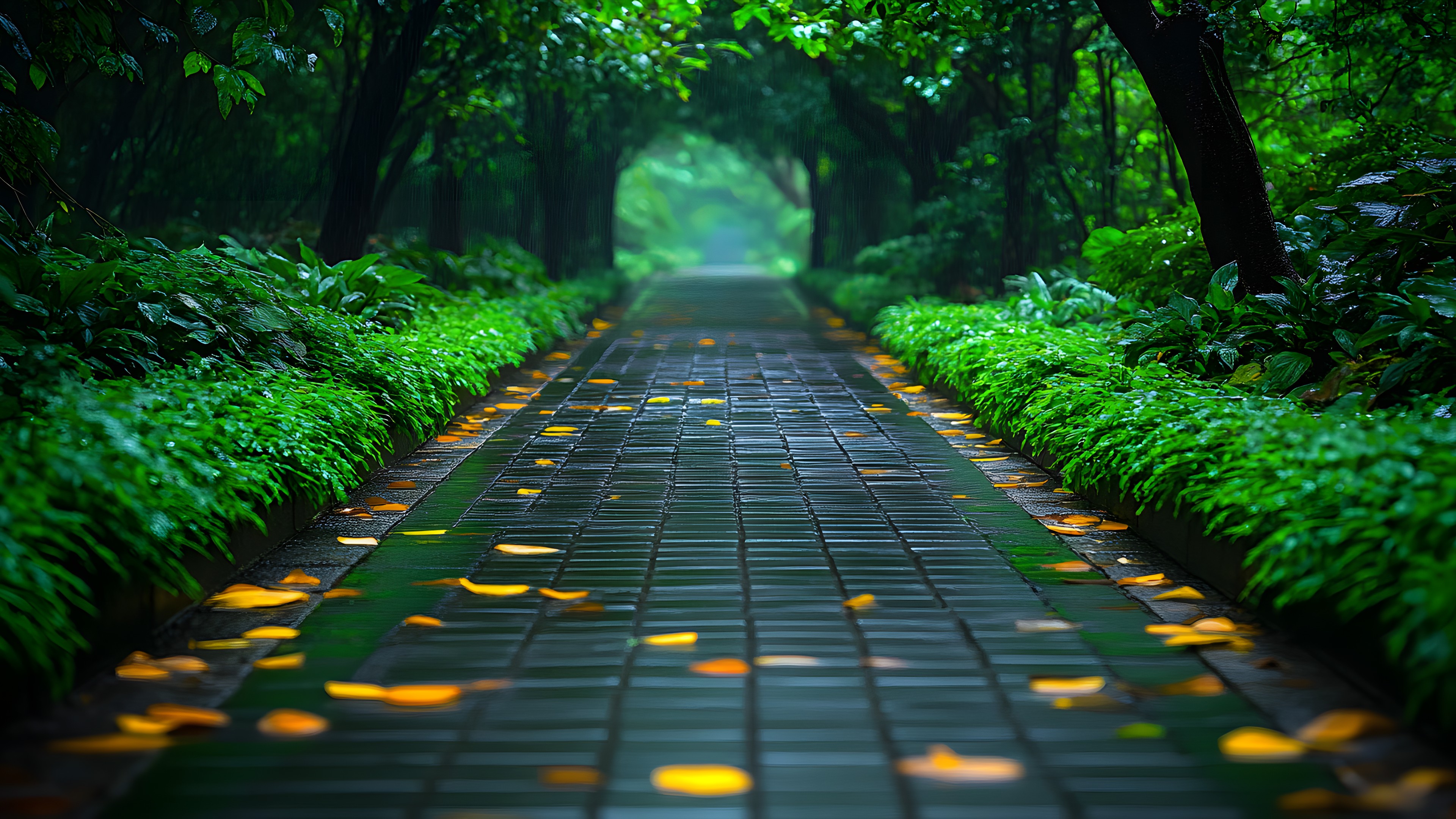 Green, Nature, Leaf, Natural environment, Natural landscape, Vegetation, Walkway, Forest, Trail, Groundcover, Garden, Sunlight, Trunk, Woodland, Plantation, Old-growth forest, Jungle, Sidewalk, Cobblestone, Alley