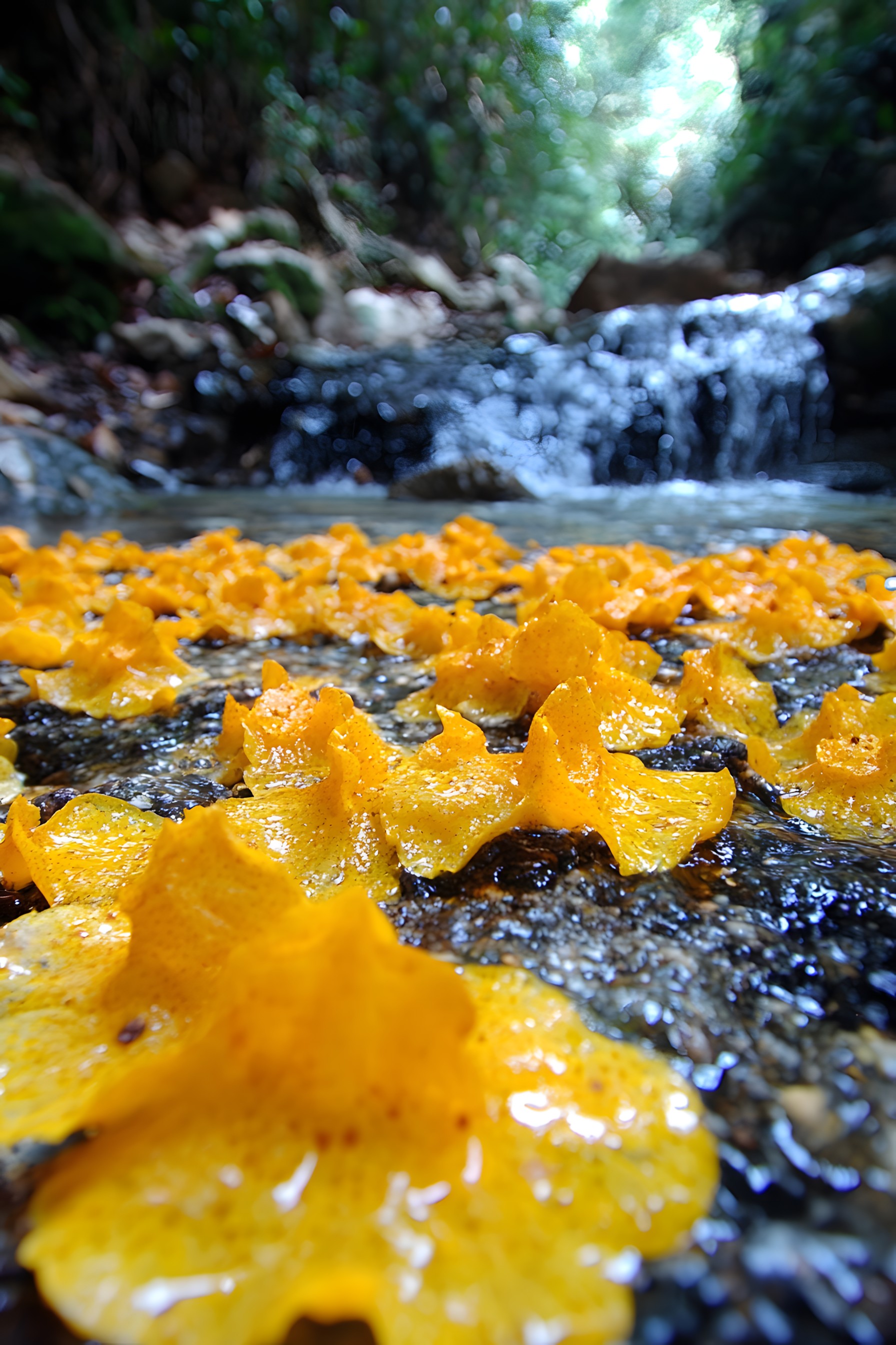 Yellow, Watercourse, Fungus, Stream, Algae, Riparian zone, Green algae, Stream bed, Creek, Riparian forest, Pezizales, Tremella