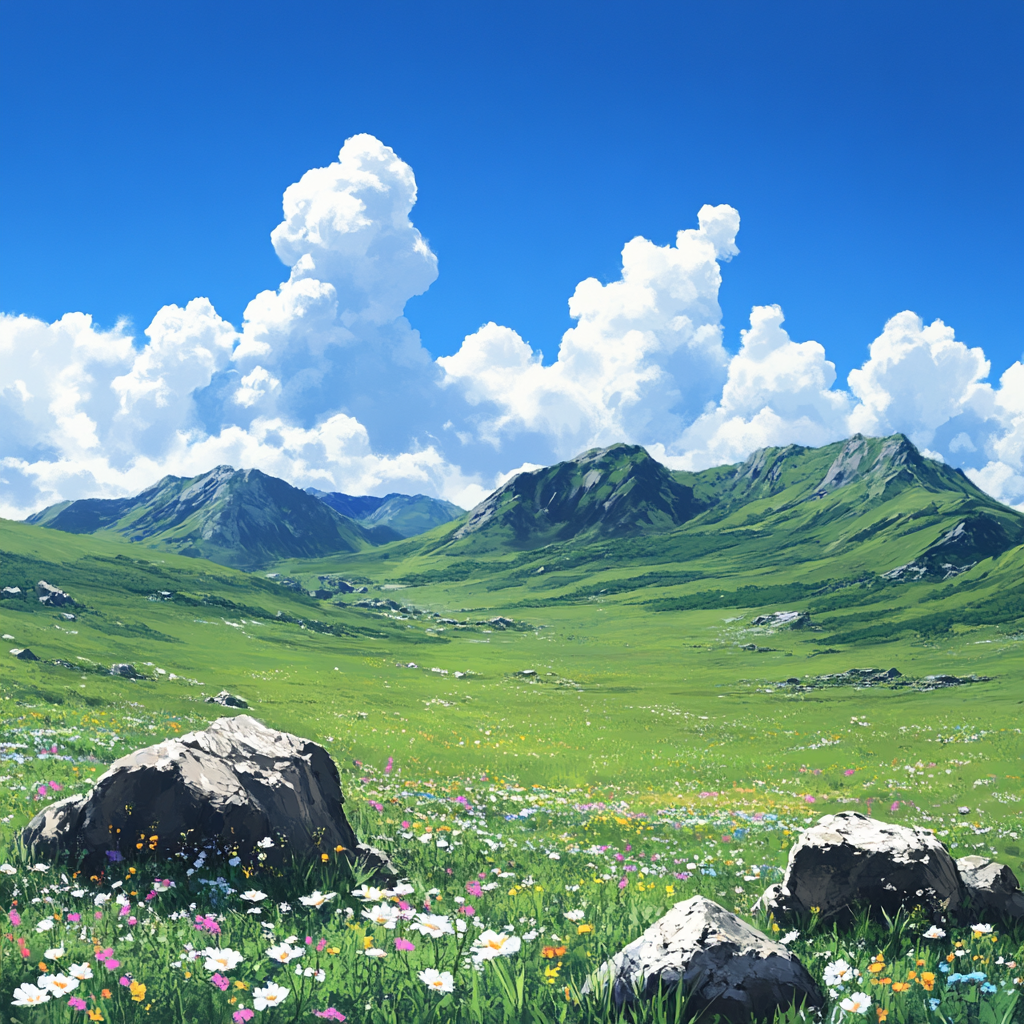 Blue, Mountainous landforms, Green, Grass, Grassland, Natural environment, Mountain, Cloud, Natural landscape, Hill, Meadow, Pasture, Ecoregion, Highland, Summer, Landscape, Plain, Prairie, Mountain range, Steppe