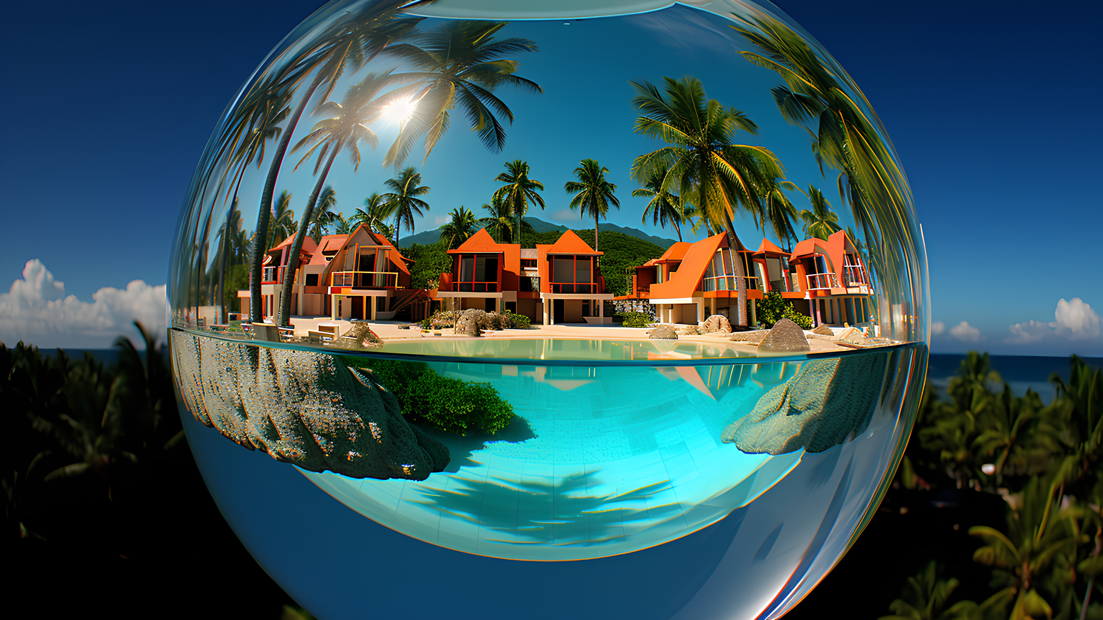 Water, Plant, Sky, World, Blue, Azure, Building, Architecture, Arecales, Tree, Leisure, Biome, Natural landscape, Aqua, Landscape, Landmark, Travel, Palm tree, Reflection, Urban design