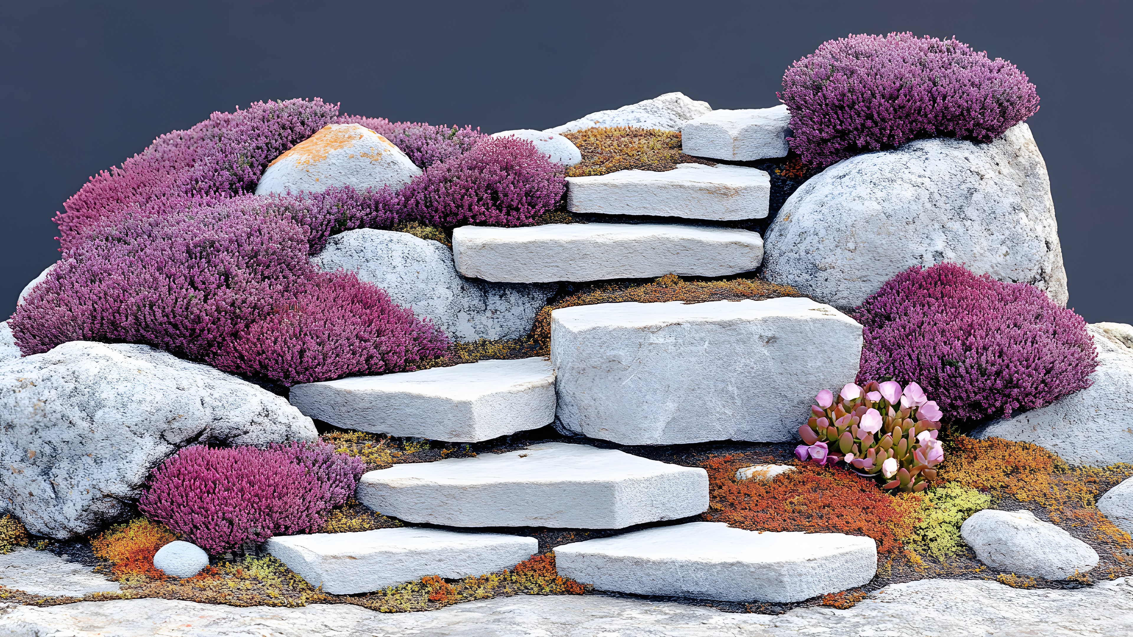 Rock, Garden, Groundcover, Boulder, Natural material, Landscaping, Perennial plant, Pebble, Botanical garden, Gravel, Herb