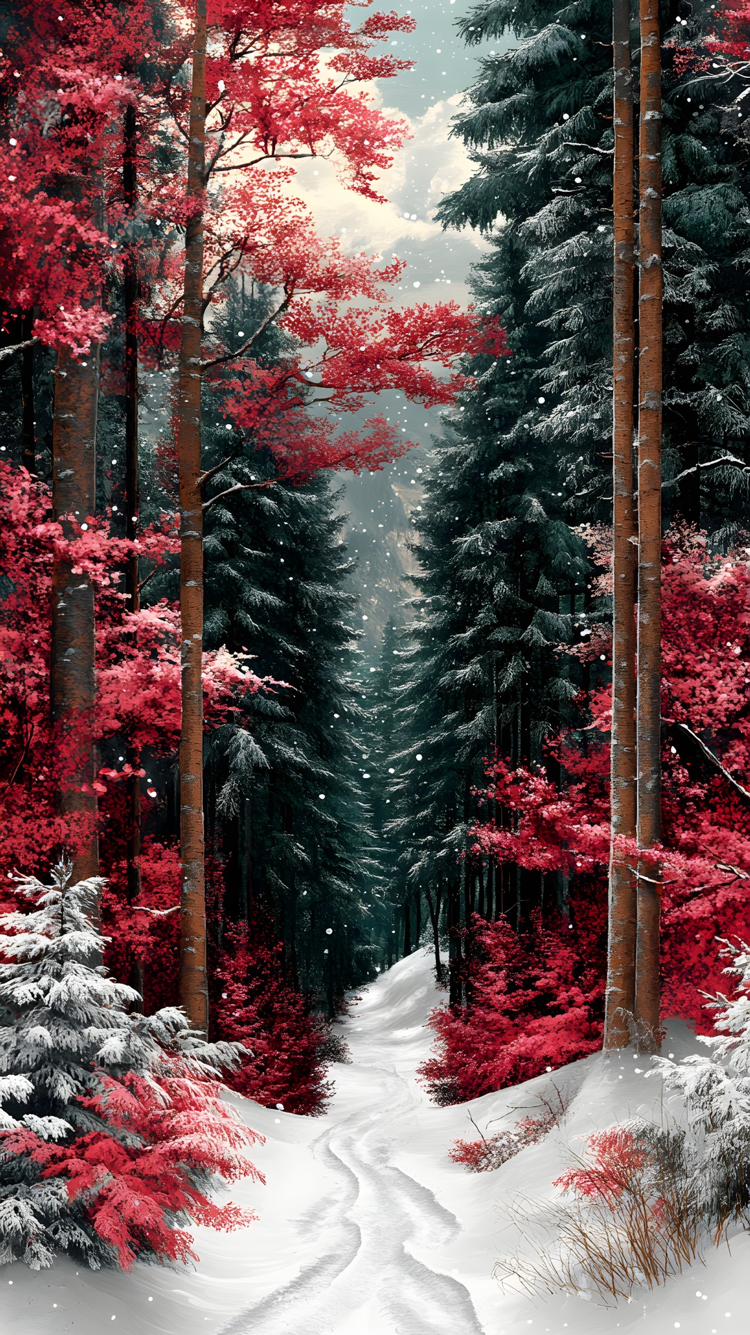 Red, Branch, Winter, Forest, Spruce-fir forests, Trunk, Woody plant, Woodland, Snow, Northern hardwood forest, Freezing, Grove, Old-growth forest, Frost, Temperate broadleaf and mixed forest, Larch, Conifers, Tropical and subtropical coniferous forests, Precipitation, Pine family