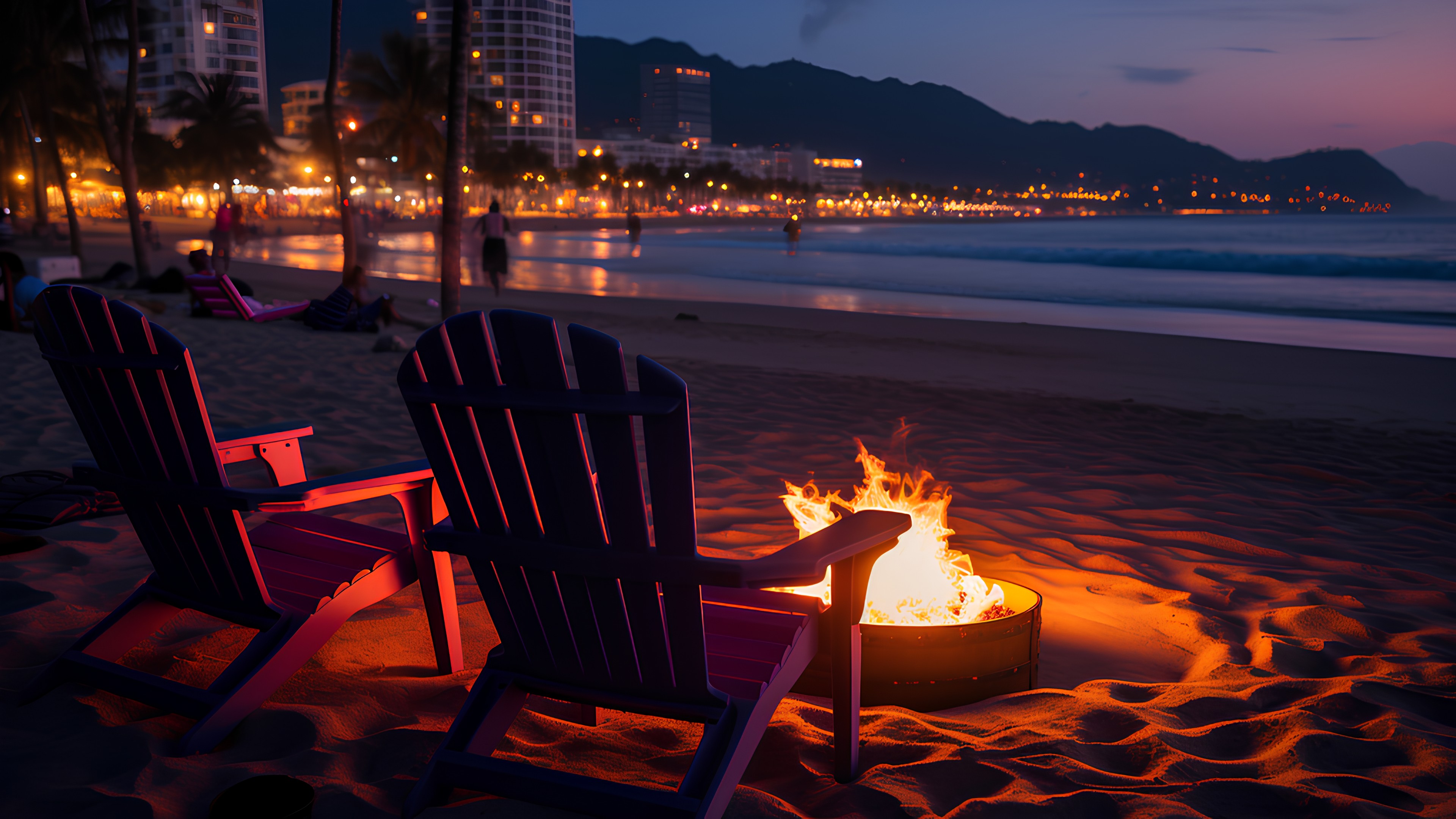 Water, Sky, Atmosphere, Furniture, Building, Light, Nature, Cloud, Orange, Body of water, Chair, Sunset, Beach, Outdoor furniture, Sunrise, Horizon, Afterglow, Table, Tree, Dusk