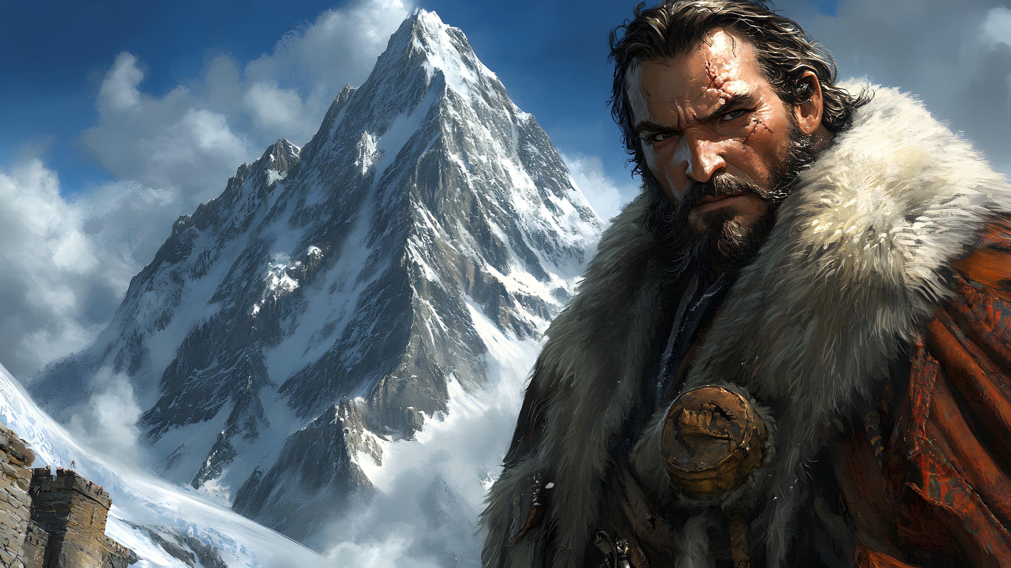 Snow, Mountain range, Winter, Alps, Glacial landform, CG artwork, Summit, Beard, PC game, Freezing, Ridge, Ice cap, Glacier, Ice, Action-adventure game, Armour, Digital compositing, Fictional character