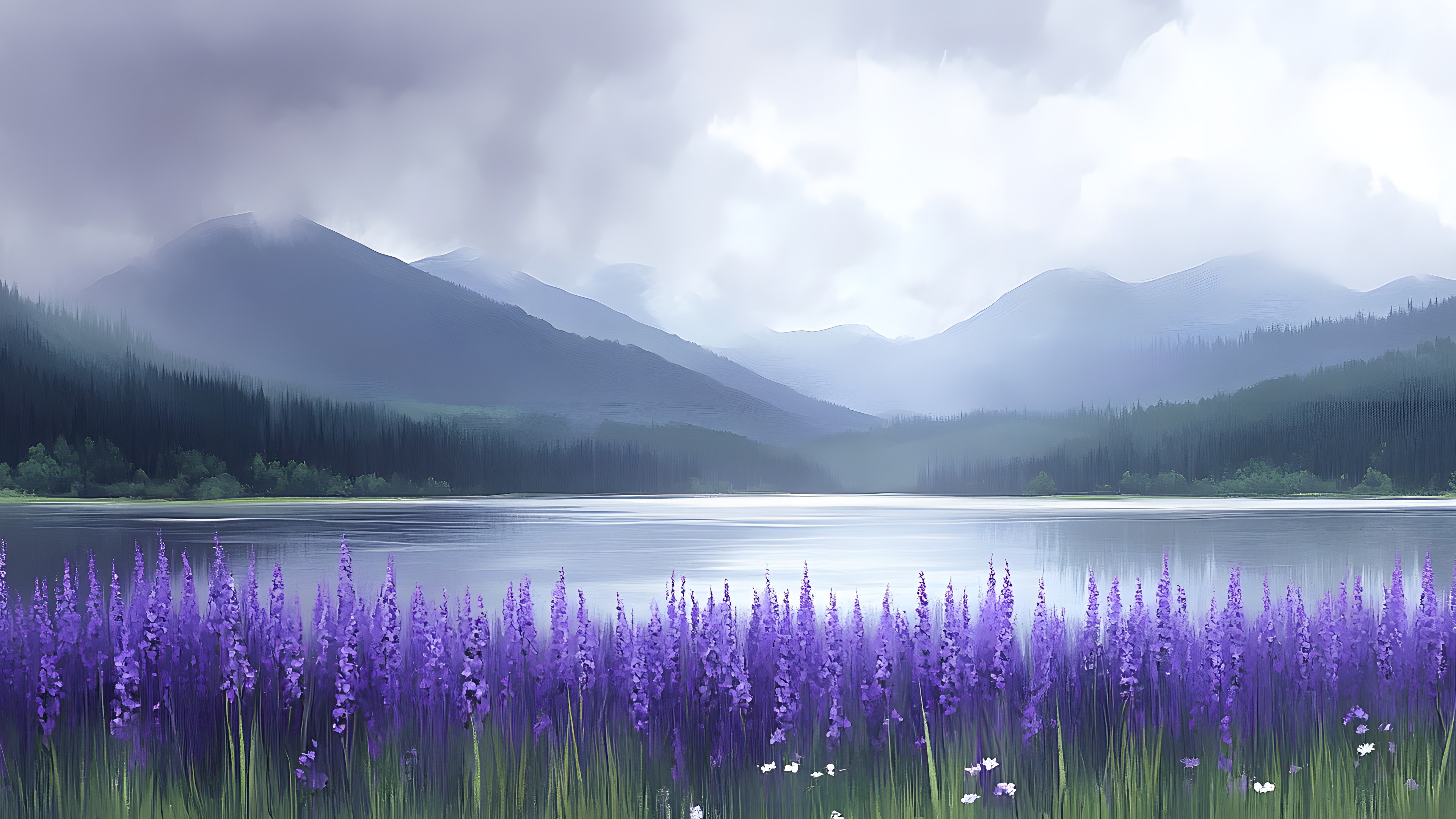 Mountainous landforms, Natural landscape, Mountain, Hill, Wilderness, Mountain river, Mountain range, Reflection, Purple, Valley, River, Loch, Lavender, Lake District, Mist, Panorama, Wildflower, Meteorological phenomenon, Wetland, Lupine