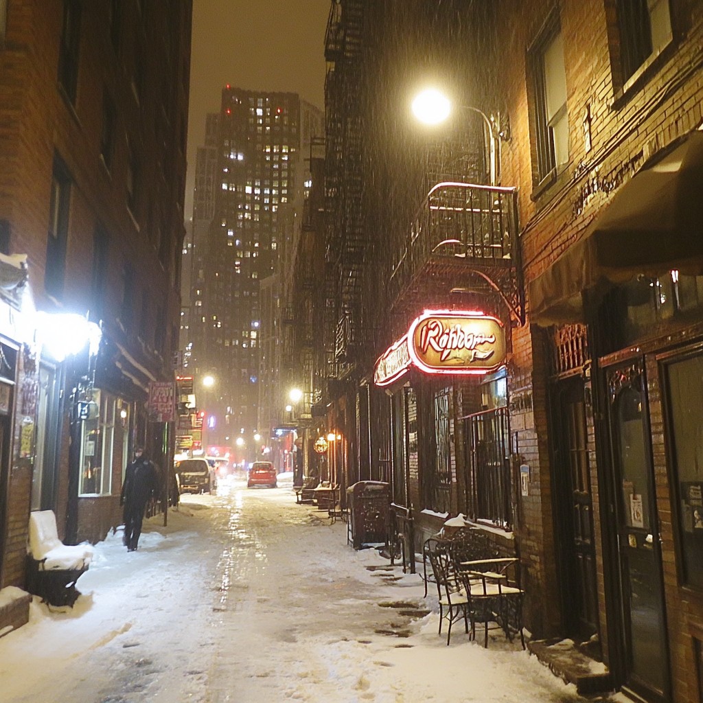 City, Night, Urban area, Lighting, Winter, Town, Street, Metropolitan area, Electricity, Metropolis, Snow, Midnight, Mixed-use, Street light, Freezing, Precipitation, Evening, Iron, Sidewalk, Light fixture