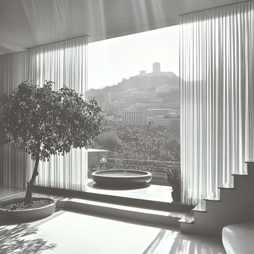 Interior design, Monochrome photography, Monochrome, Black and white, Window covering, Curtain, Window treatment, Houseplant, Living room, Chair, Flowerpot, Balcony, Still life photography, Coffee table, Daybed