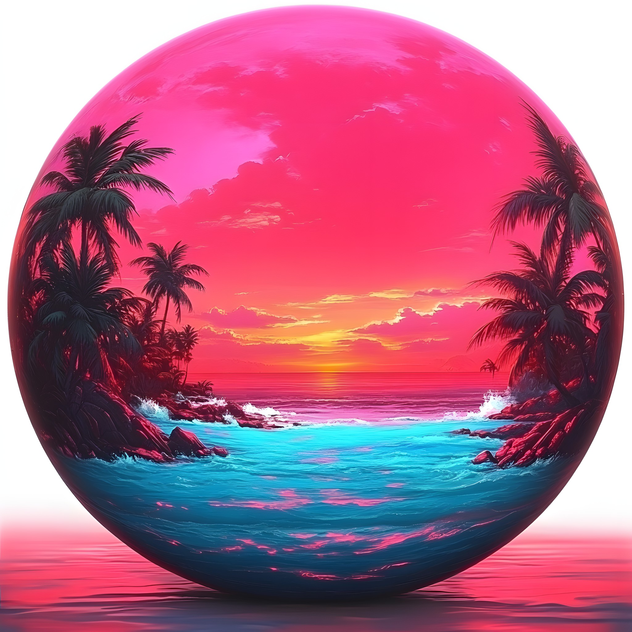 Sphere, Reflection, Sunset, Ocean, Sunrise, Red sky at morning, Beach, Afterglow, Dusk, Palm trees, Meteorological phenomenon, Tropics, Ball, Evening, Wave