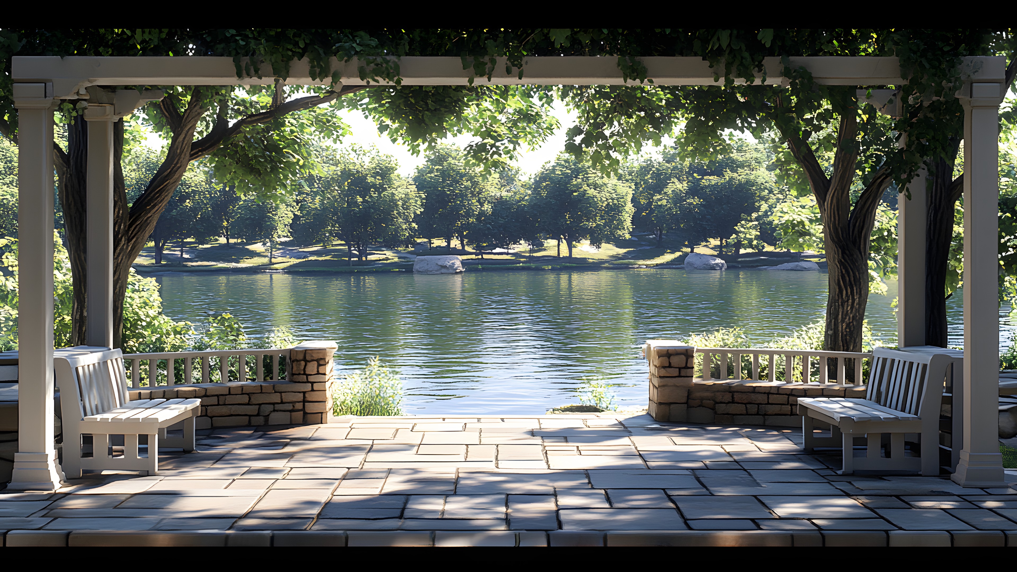 Water, Tree, Shade, Bank, Garden, Outdoor furniture, Lake, Spring, Bench, Park, Reservoir, Landscaping, Street furniture, Outdoor Structure, Reflection, Design, Pond, Outdoor Bench, Walkway, Gazebo