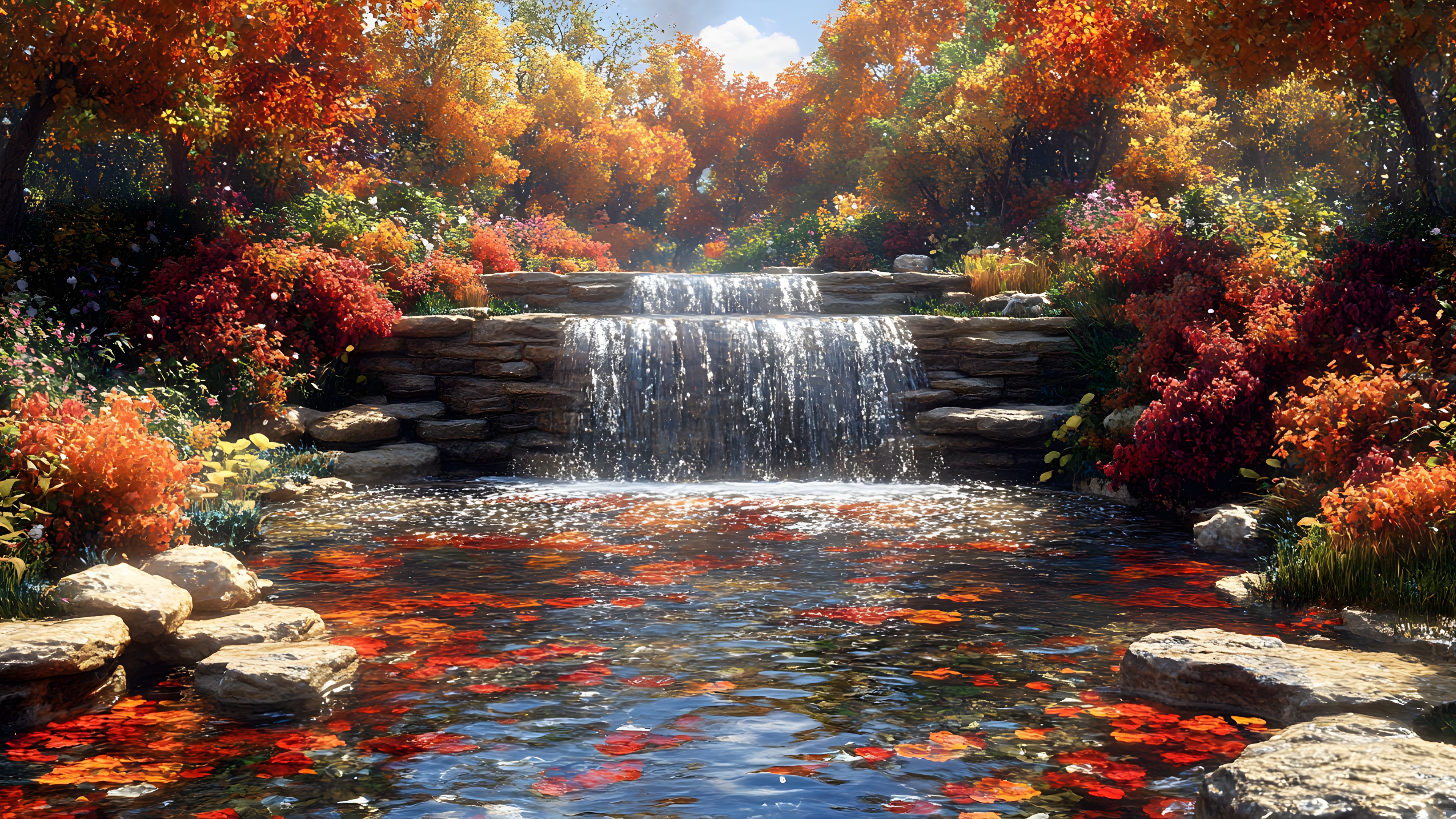 Water, Body of water, Nature, Natural landscape, Watercourse, Stream, Orange, Waterfall, Water feature, Fluvial landforms of streams, Autumn, Spring, Mountain river, Pond, Creek, Reflection, Riparian zone, Botanical garden, Acrylic paint
