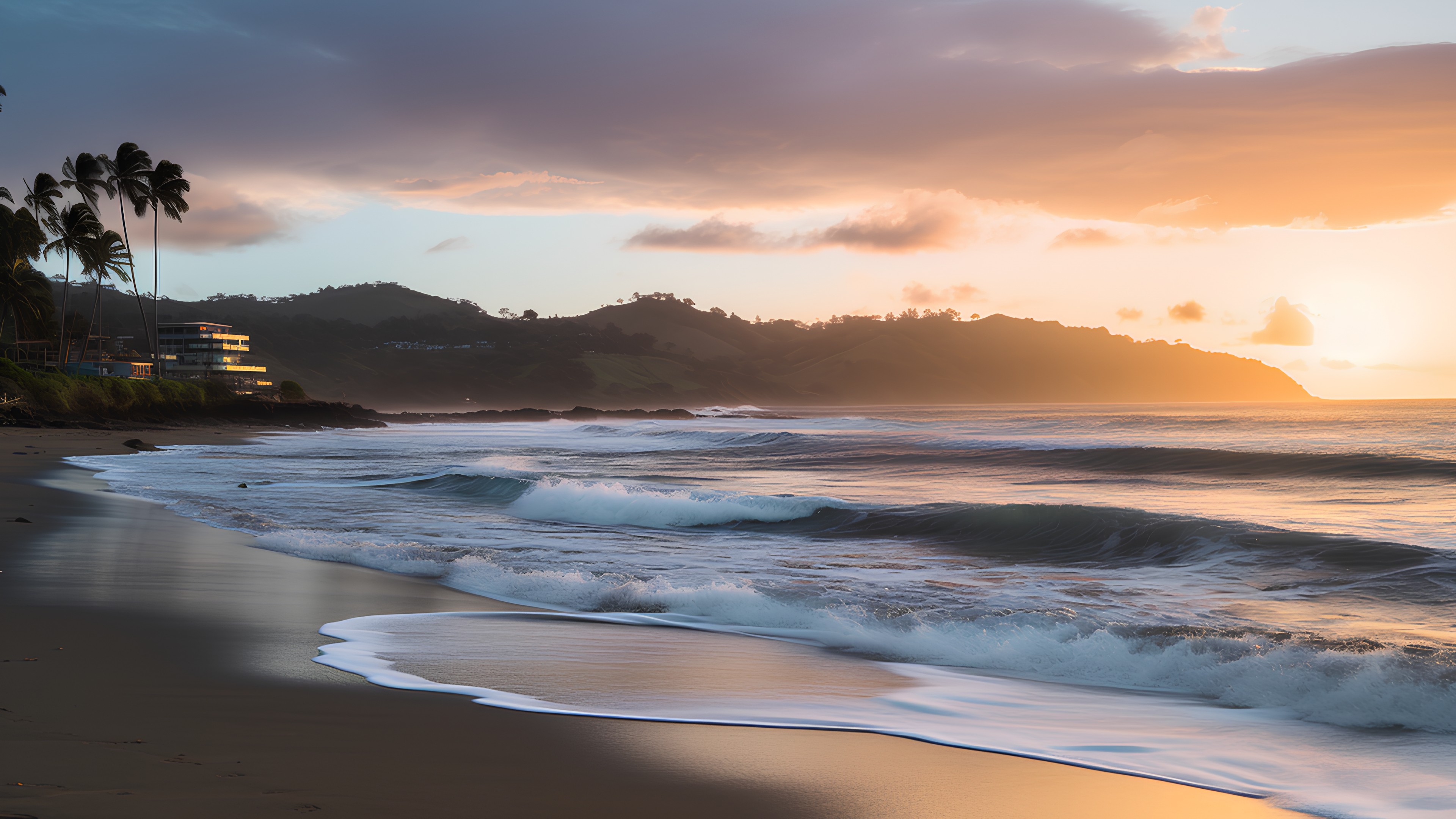 Water, Sky, Cloud, Water resources, Atmosphere, Afterglow, Beach, Dusk, Tree, Coastal and oceanic landforms, Sunlight, Atmospheric phenomenon, Sunset, Natural landscape, Sunrise, Horizon, Landscape, Wind wave, Arecales, Calm