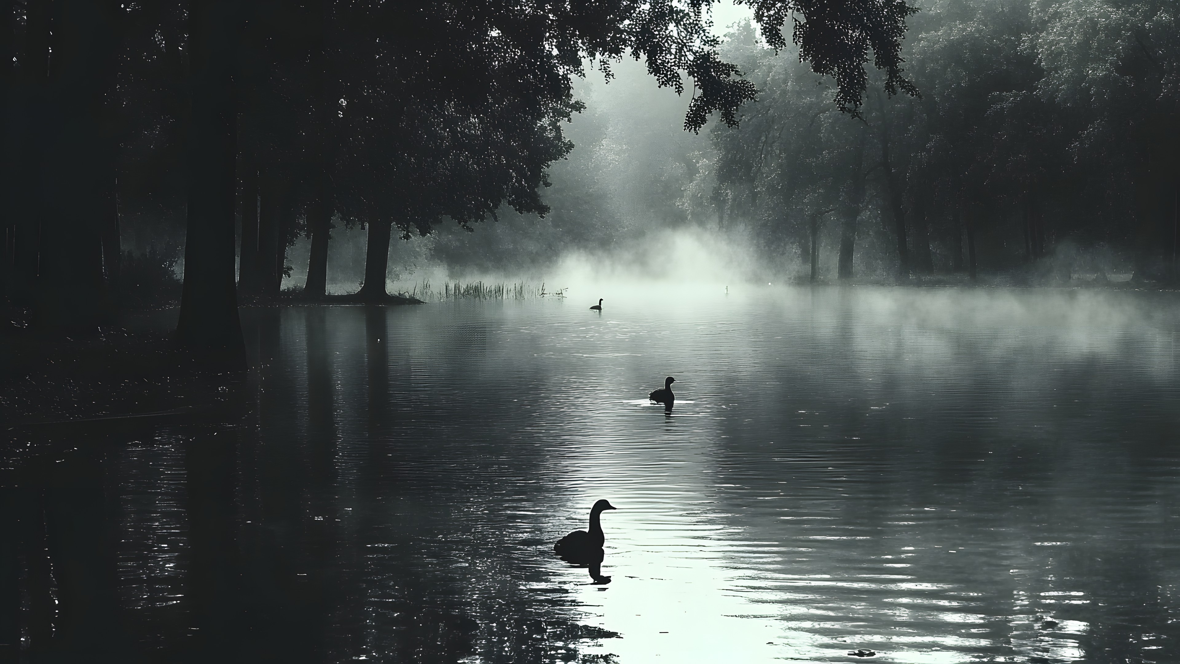 Water, Water resources, Nature, atmospheric phenomenon, Bird, Watercourse, Monochrome photography, Reflection, Liquid, Black, Ducks, Lake, Mist, Fog, Black and white, Monochrome, Morning, Water bird, Grey, River