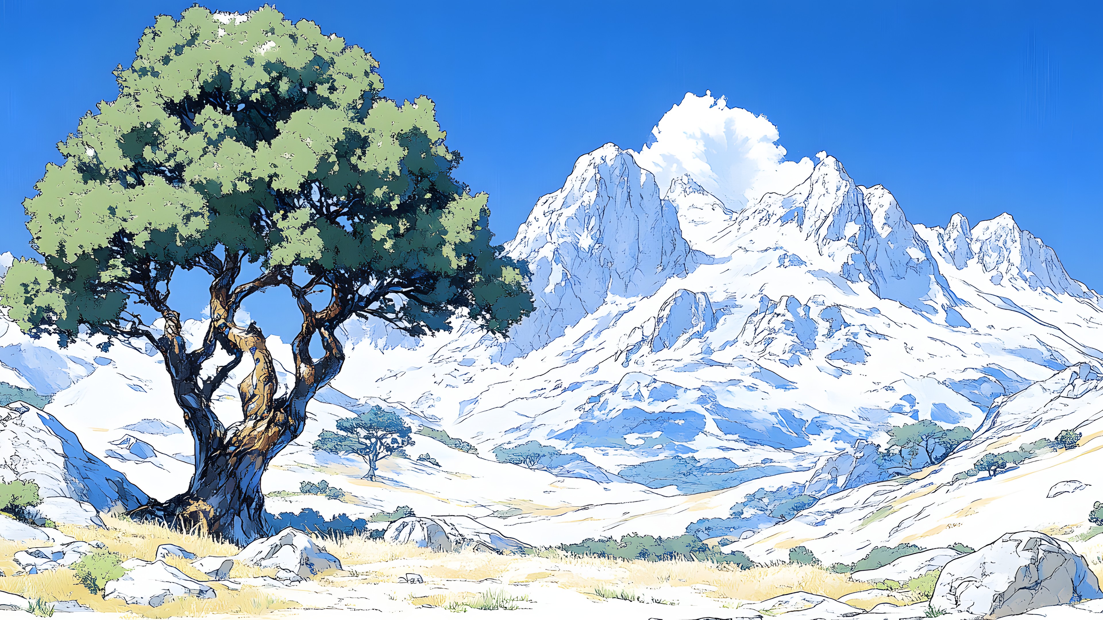 Winter, Snow, Glacial landform, Alps, Animation, Watercolor painting, Glacier, Summit, Precipitation