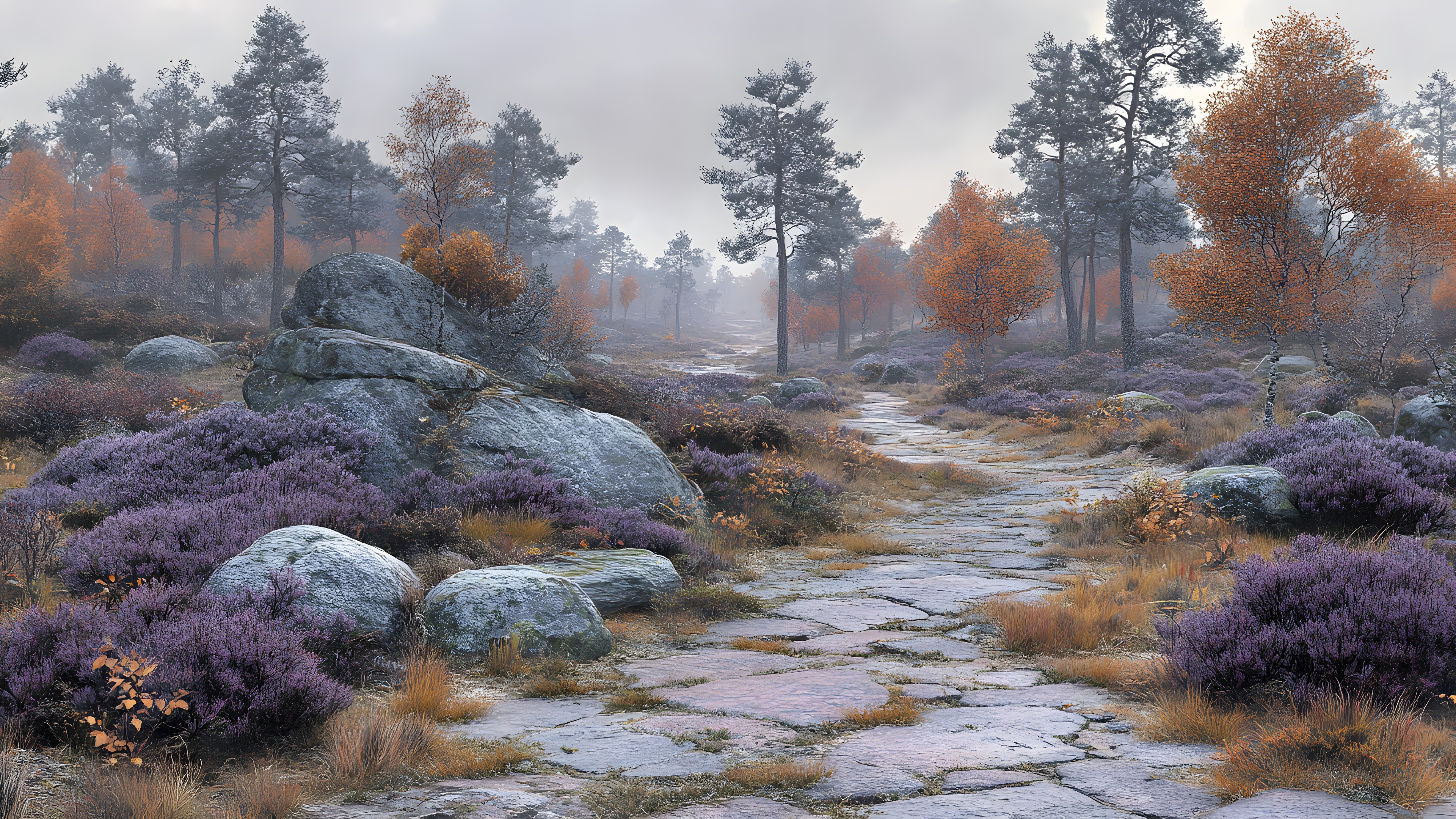 Natural landscape, Rock, Plant community, Wilderness, Forest, Shrubland, Boulder, Conifers, Northern hardwood forest, Autumn, Temperate broadleaf and mixed forest, Stream, Mist, National park, Pine family