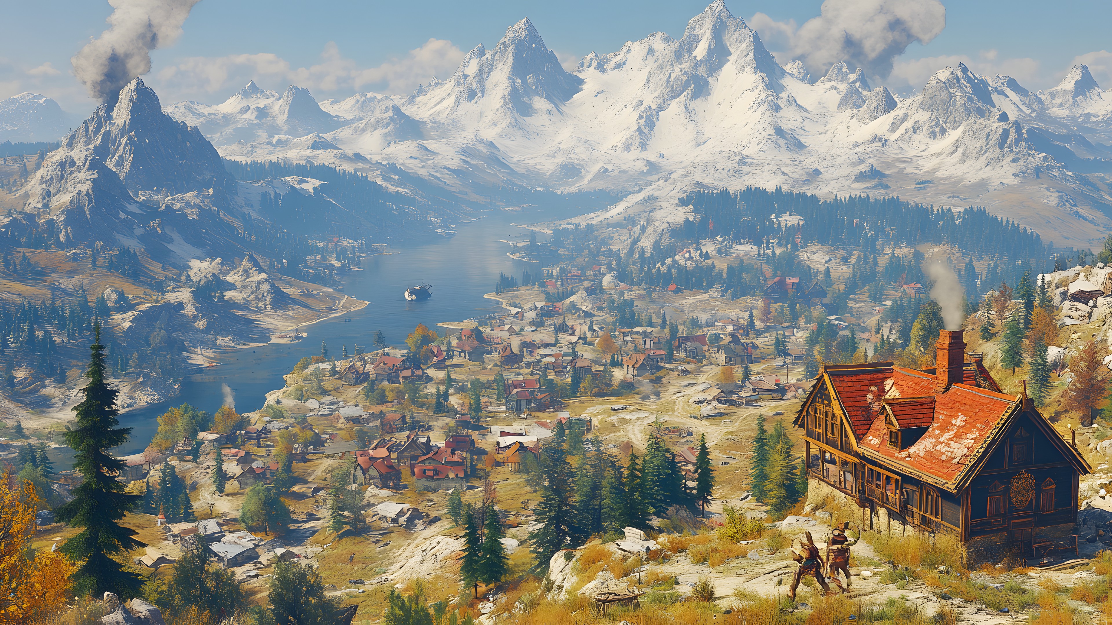 Mountainous landforms, Cloud, Mountain, Hill, Landscape, Mountain range, Highland, Valley, Hill station, Alps, Village, Mountain Village, Ridge, Game, Fell, Winter, Summit, Cumulus, Conifers, Larch