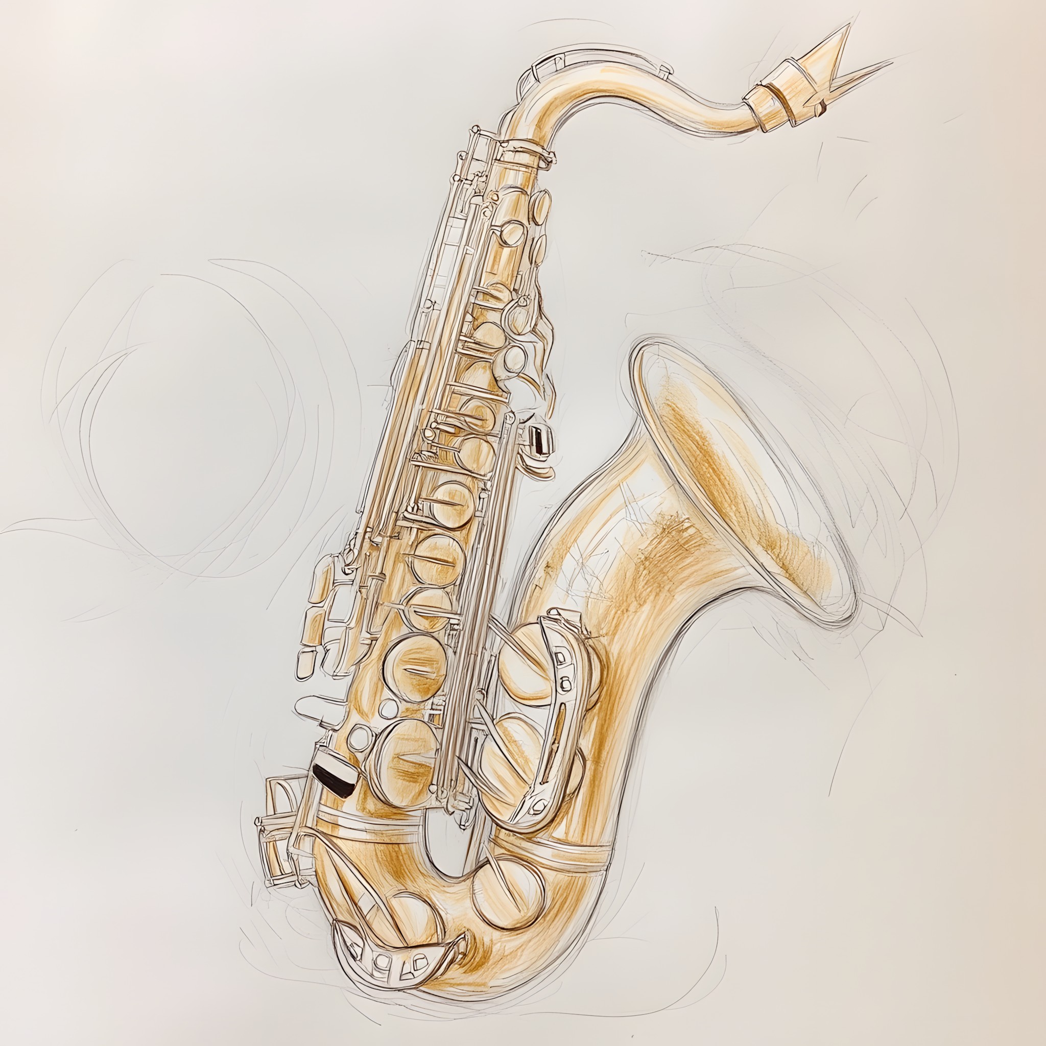 Drawing, Brass instrument, reed instrument, Saxophone, Illustration, Sketch, Aerophone, Saxophonist, Graphics, Woodwind instrument, Musical instrument, Line art