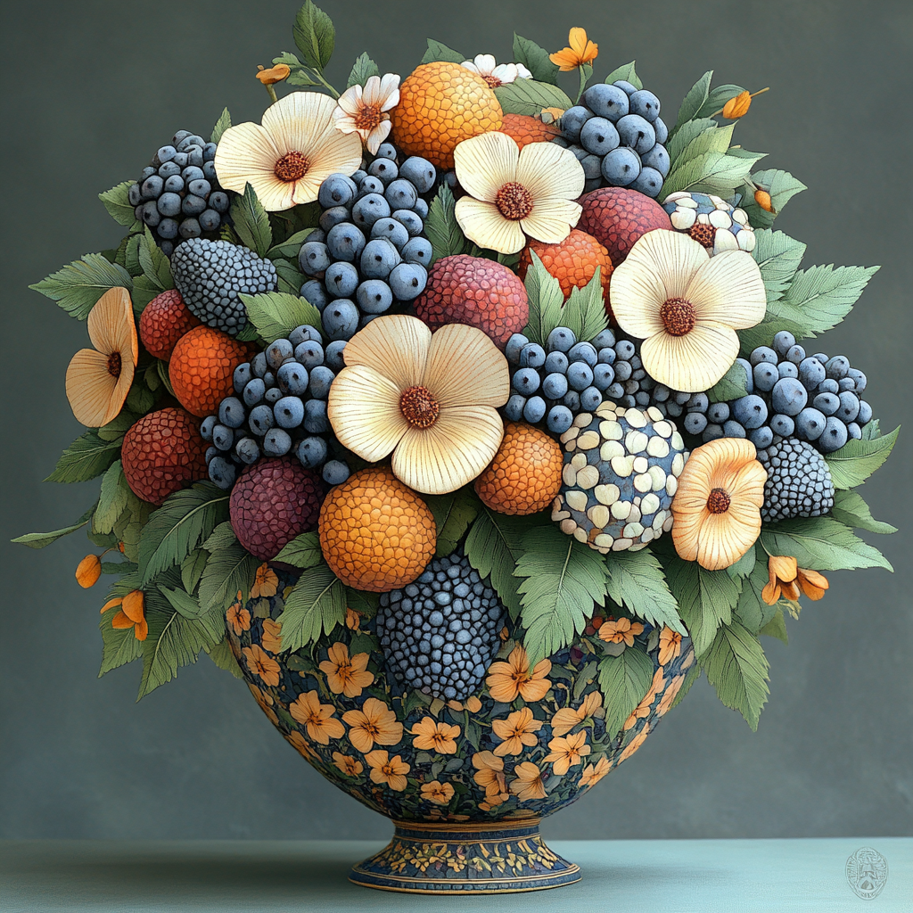 Fruit, Produce, Natural foods, Floristry, Flower bouquet, Food, Flower Arranging, Seedless fruit, Grape, Cut flowers, Food group, Berry, Apple, Vase, Still life, Still life photography, Floral design, Rose family, Grapevines, Grapes