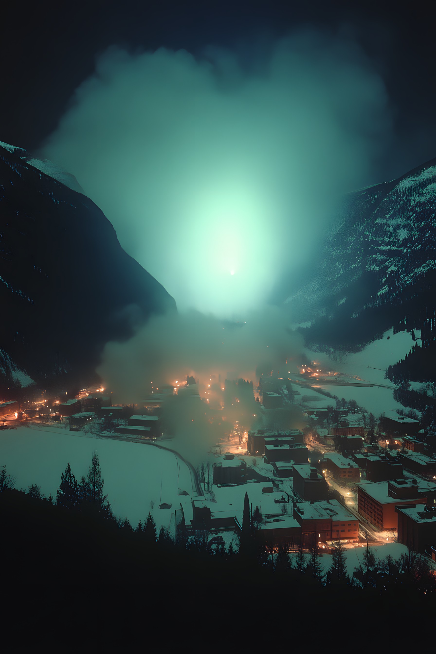 Mountainous landforms, Mountain, atmospheric phenomenon, Mountain range, Hill station, geological phenomenon, Astronomical object, Night, Winter, Valley, Alps, Lens flare, Meteorological phenomenon, Evening, Midnight, Ridge, Fog, Sun, Moonlight, Mist