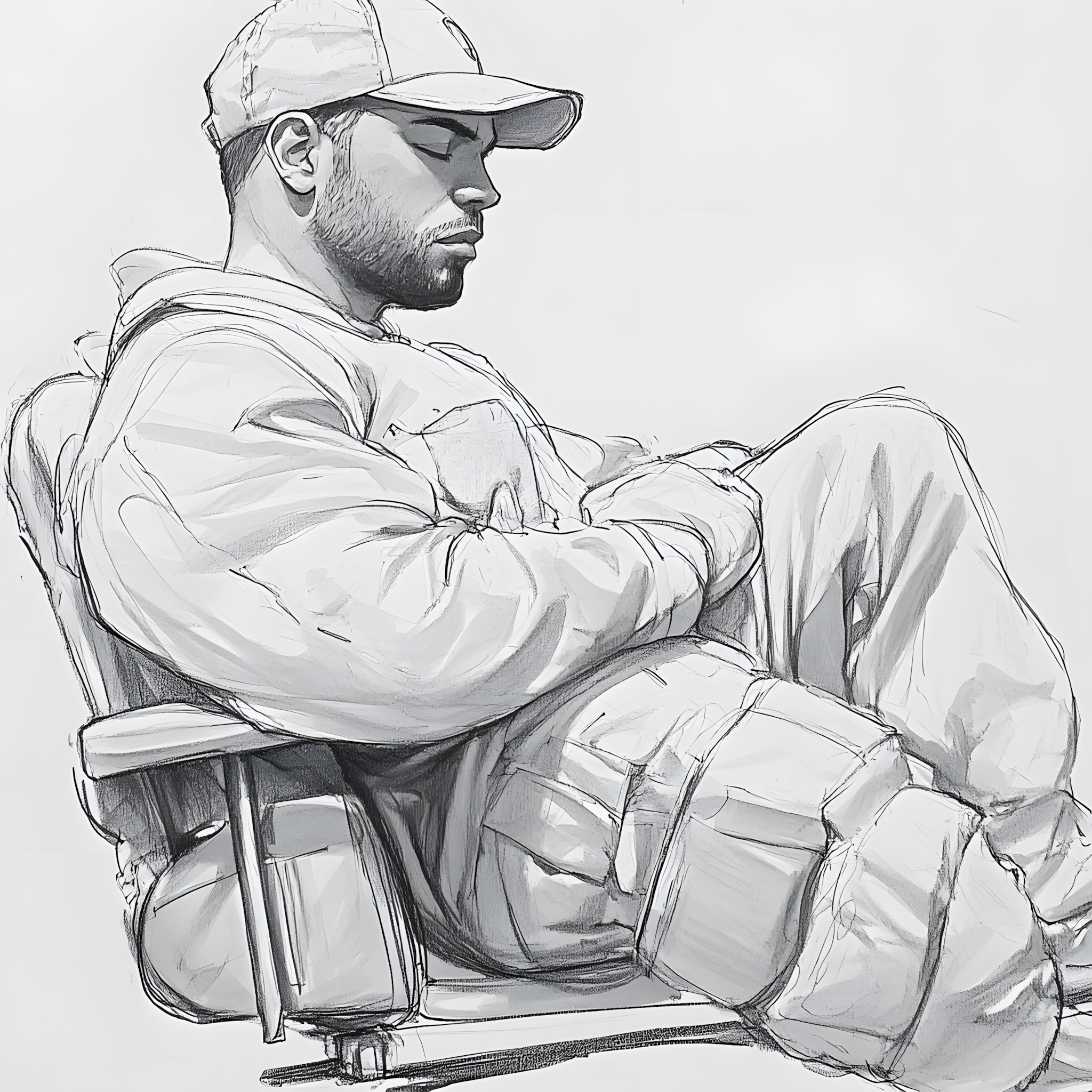 Drawing, Sitting, Elbow, Knee, Illustration, Sketch, Beard, Graphics, Line art, Figure drawing