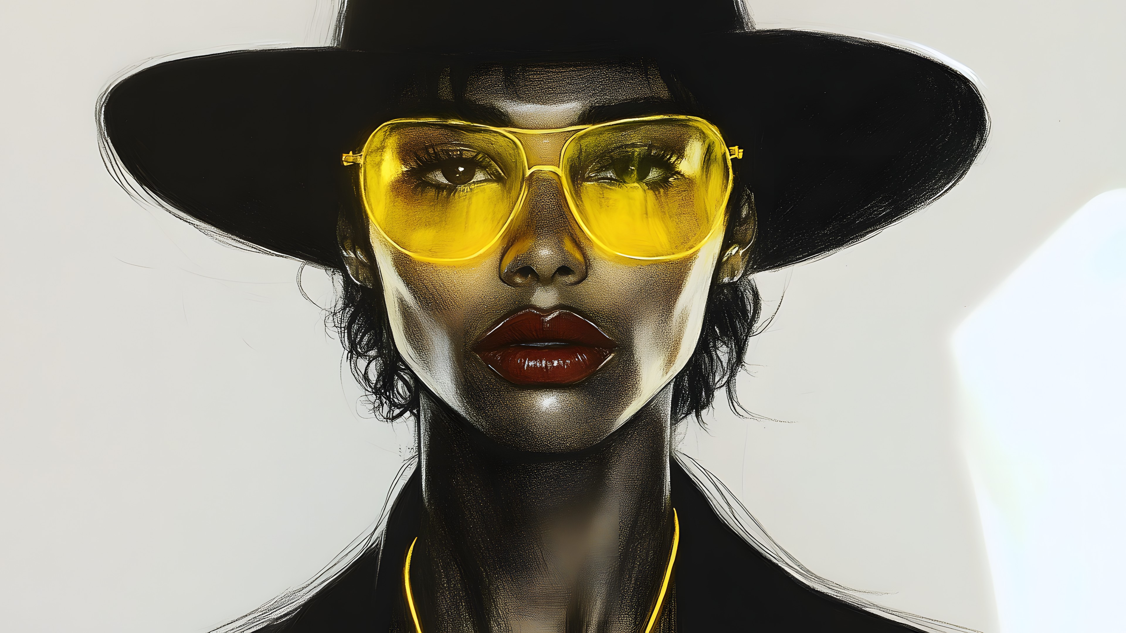 Eyewear, Vision Care, Fashion, Sunglasses, Black, Goggles, Fashion illustration, Illustration, Portrait, Graphics, Lipstick, Self-portrait, Graphic design, Animation, Portrait photography, Model, Watercolor painting, Modern art