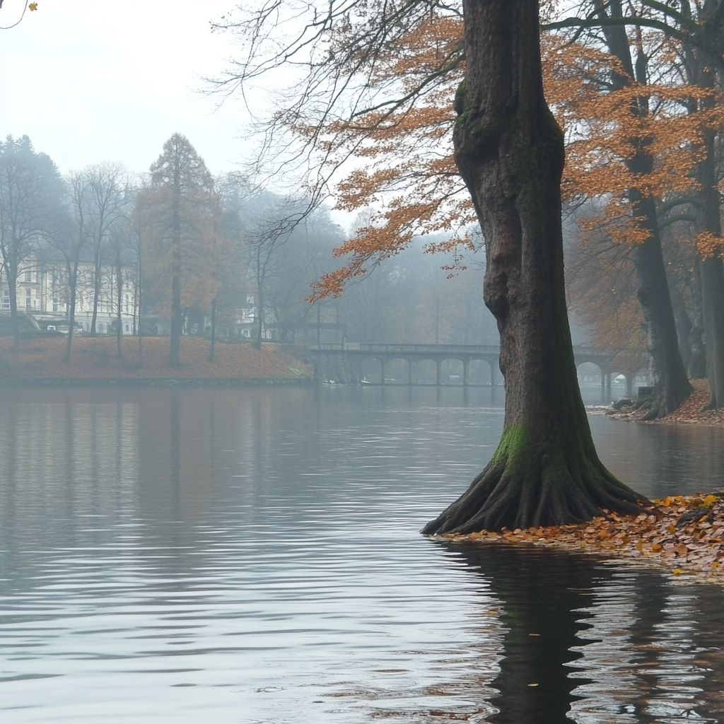 Water, Water resources, Body of water, Nature, atmospheric phenomenon, Waterway, Watercourse, Reflection, Bank, Lake, Mist, Twig, Trunk, River, Morning, Fog, Fluvial landforms of streams, Reservoir, Loch, Haze